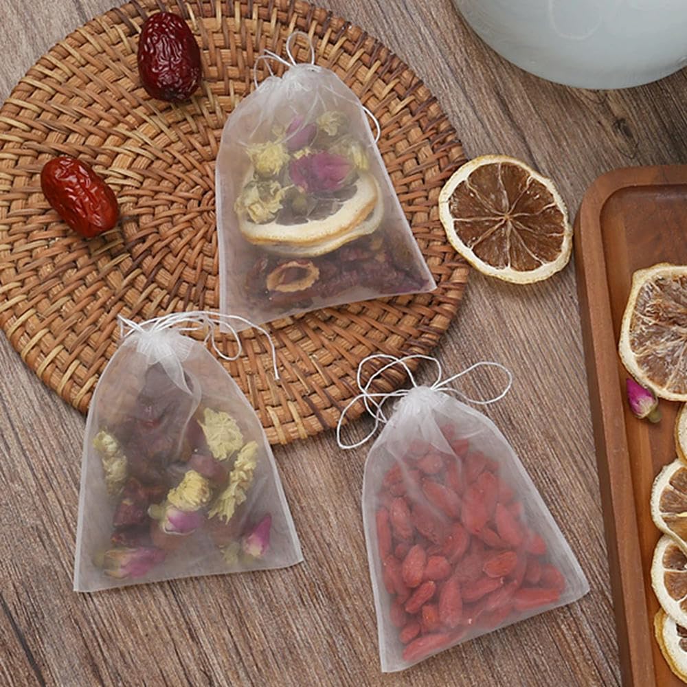 XDMING 100pcs Tea Bags Nylon Empty Scented Tea Filter Bags Infuser with String Heal Seal Teabags for Herb Loose Leaf Tea