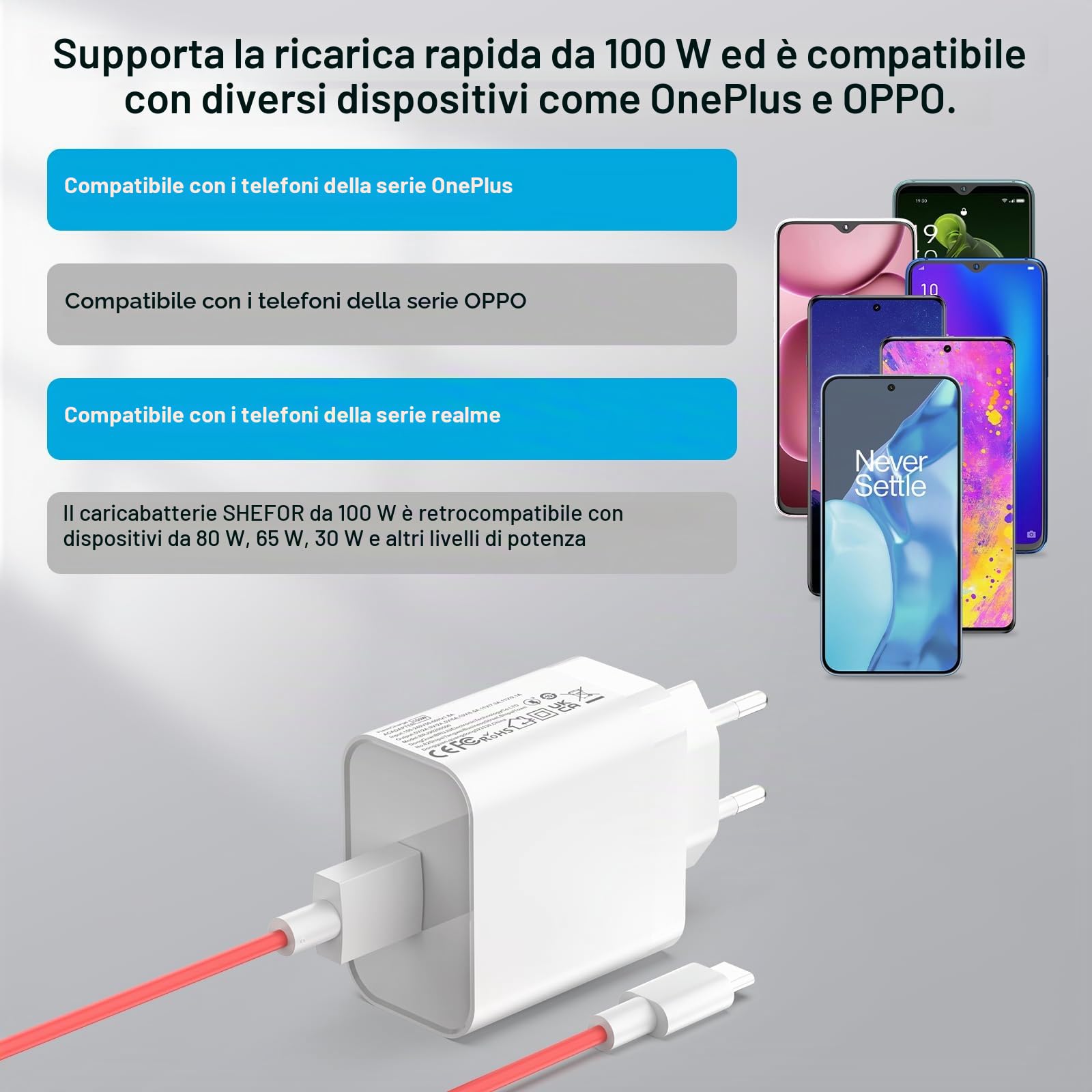 100W Caricabatterie USB C per Oppo Find X9 X8 X8 Pro X7 X7 Ultra X6 X5 X3 X2 Reno 15 14 13 12 11 10 9 Compatibile con OnePlus SuperVooc Ricarica rapida con cavo di ricarica USB-C da 8 A (1 m)