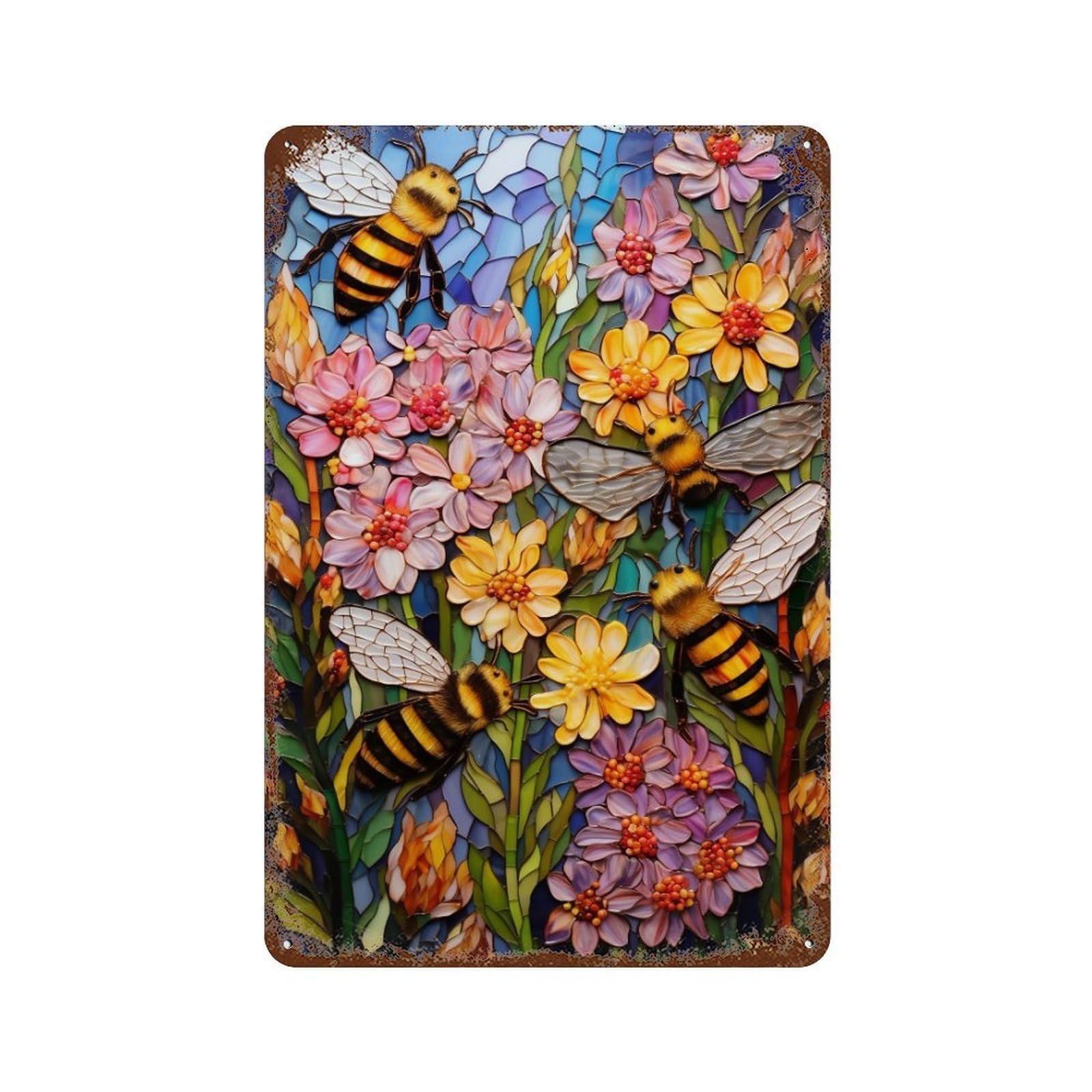 Stained Glass Bees Garden Decorative Tin Sign 11.8"x7.9", Vintage Wall Decor for Basement, Hobby Room And Garage Decor