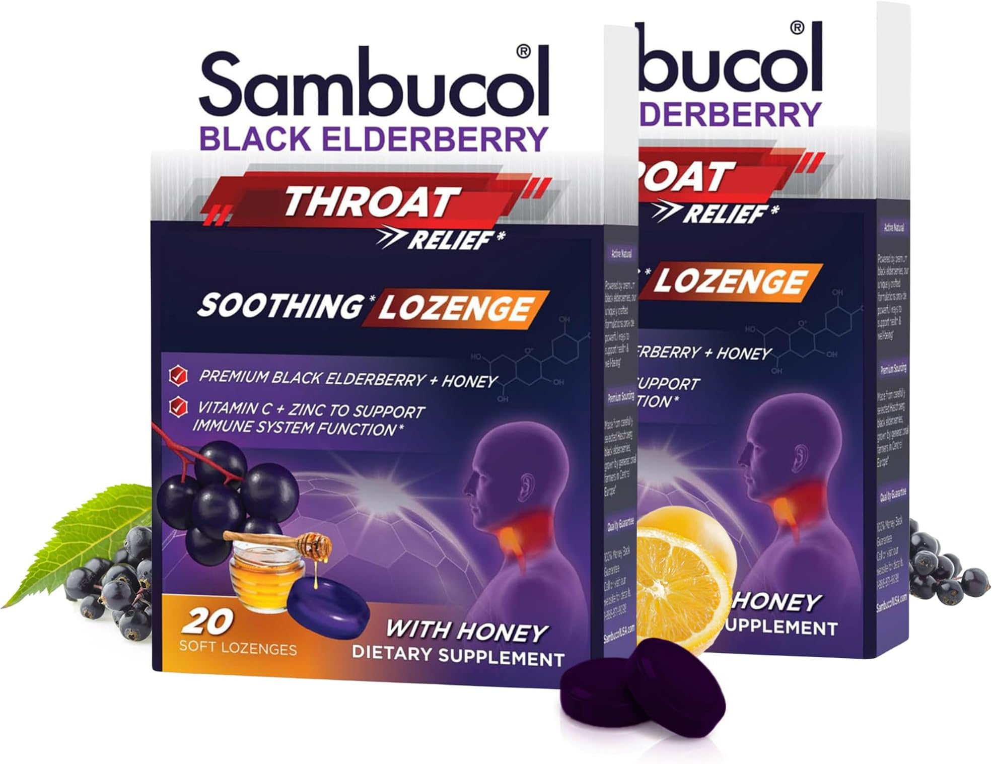 Black Elderberry Throat Lozenge - Sore Throat Drops with Honey, Vitamin C & Zinc, Sore Throat Relief for Adults & Kids, Soothes Cough, Soft & Chewy - 40 Count, Pack of 2