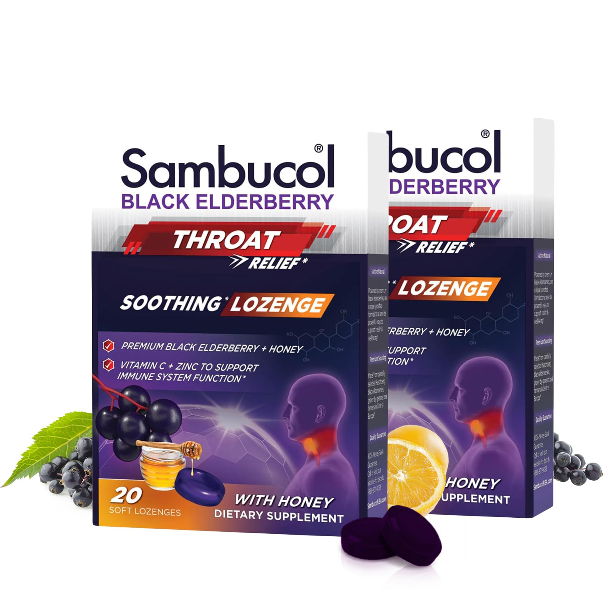 Sambucol Black Elderberry Throat Lozenge - with Honey, Vitamin C & Zinc, Elderberry Lozenges Sore Throat & Cough, Soothes Scratchy Throat, Soft & Chewy - 2 Pack (40 Total Pastilles)