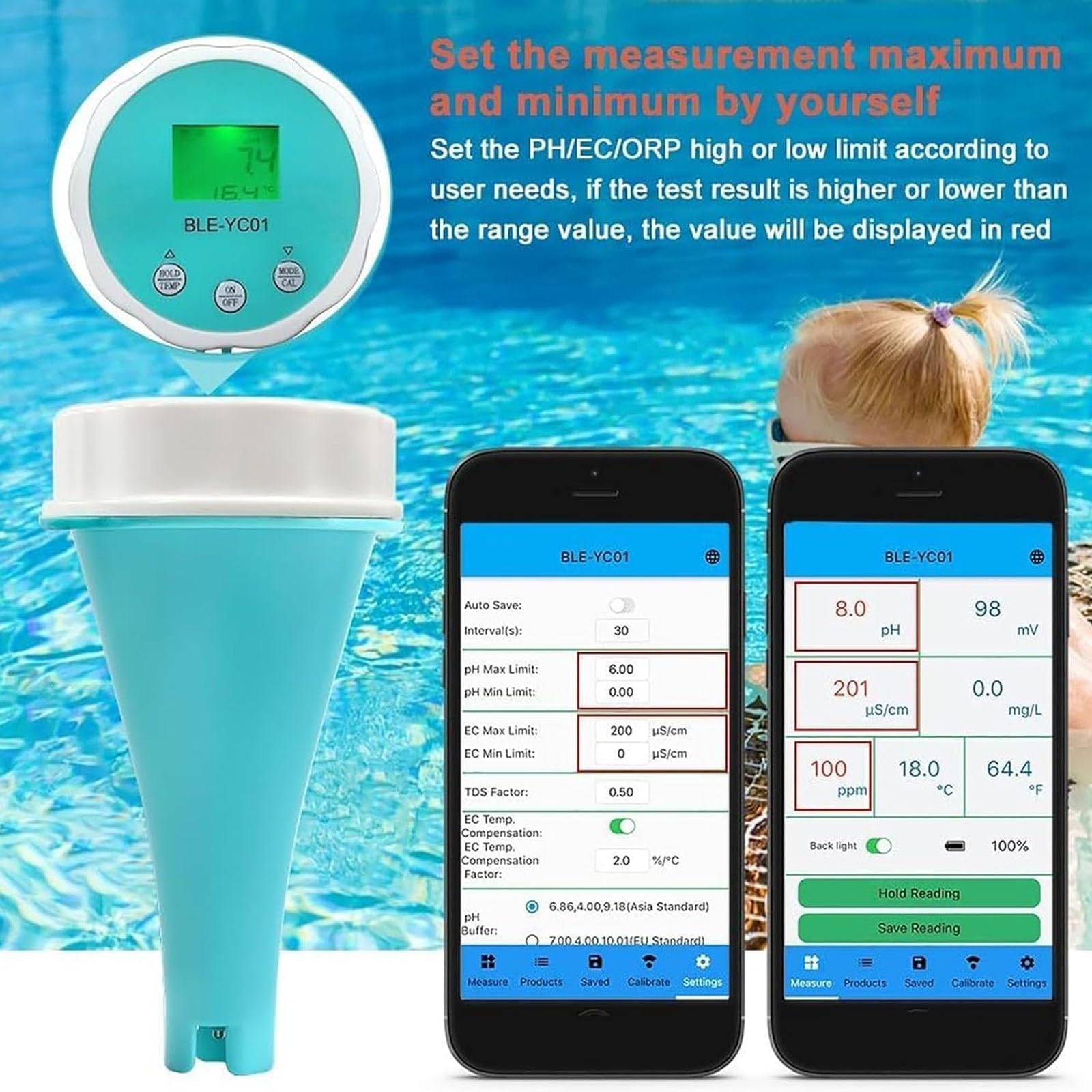 Tester jakości wody 6 w 1, monitor wody basenowej Bluetooth z wyświetlaczem LCD, Ph, Chlorine, Ec, Tds, Orp i testowanie temperatury, wodoodporność IP67 do basenów, spa i akwariów