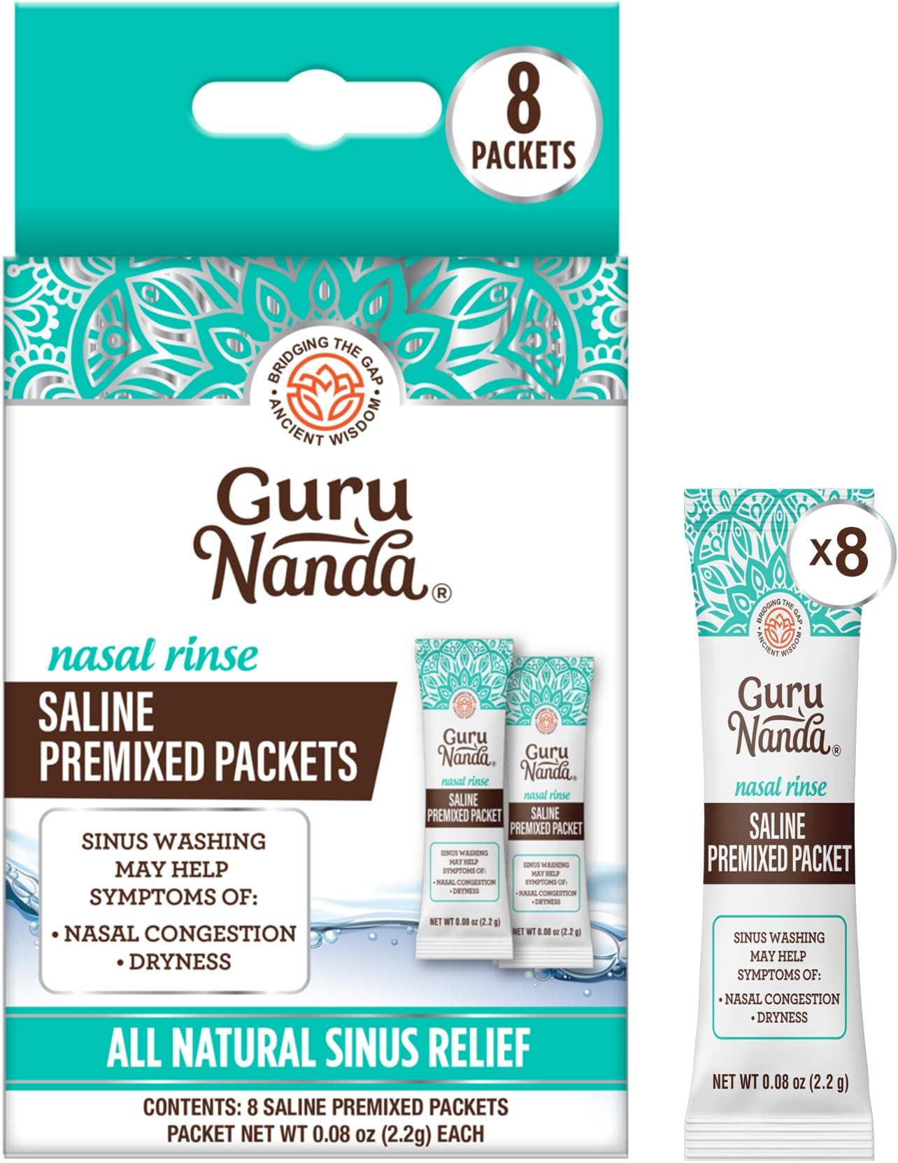 GuruNanda PreMixed Saline Packets for Nasal Rinse (8 Count), All Natural Sinus Rinse Packets to Help with Allergies & Congestion Relief, 0.08oz Each