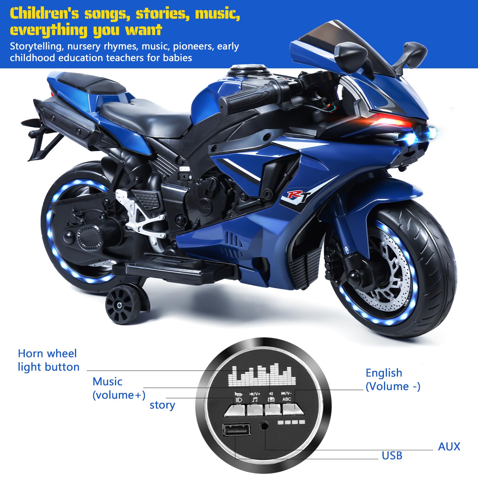12V Electric Motorcycle for Kids,Kids Motorcycle with Training Wheels, Bikes for with LED Lights, Up to 9 MPH,Electric Bike for 3-8 Year Olds (Blue)