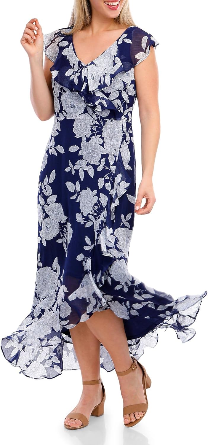 London Times Womens Ruffle Wrap Maxi Dress