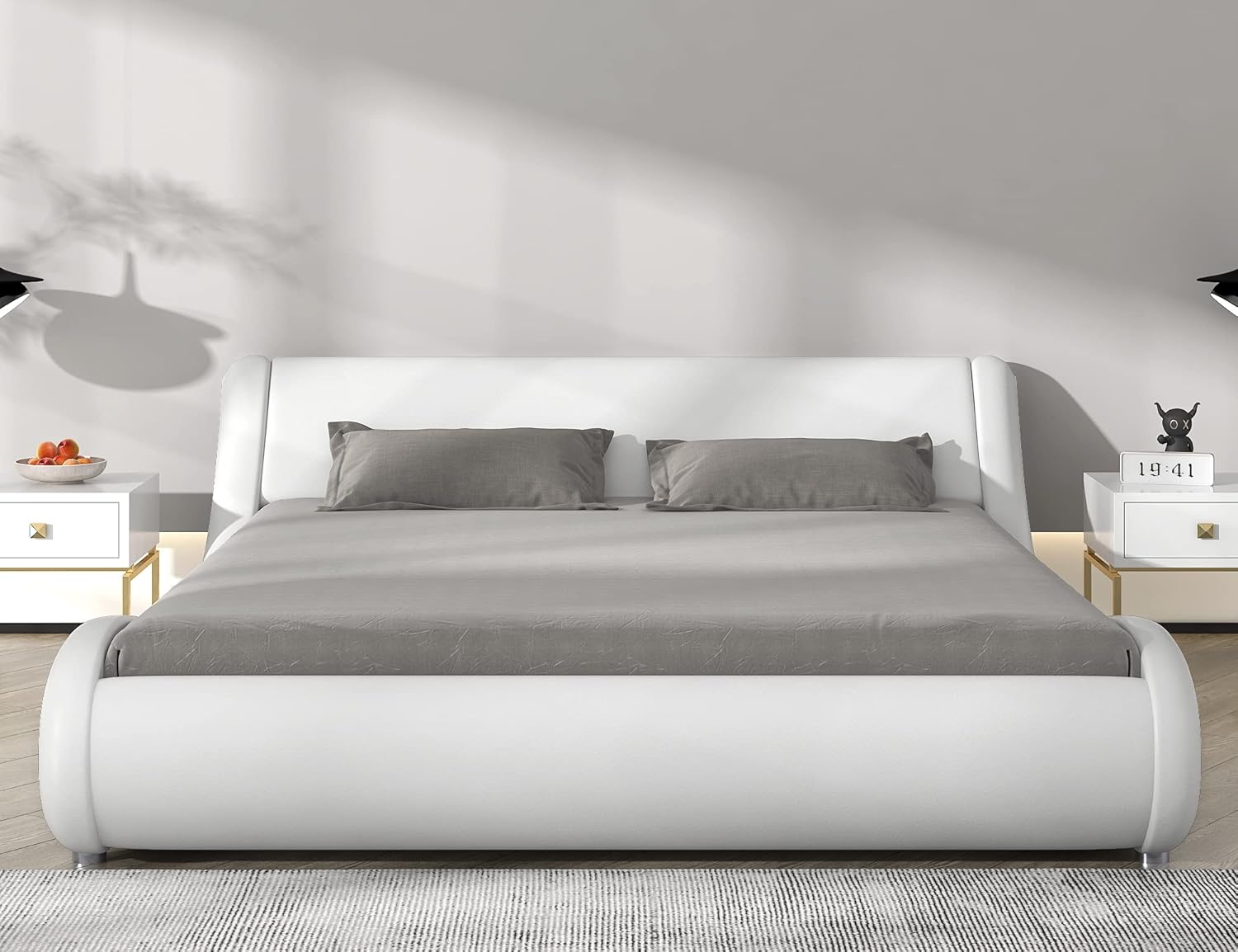 Sħiħ view of the SHA CERLIN Queen Size Upholstered Platform Bed Frame in white, showcasing its wave-like modern design and low profile.