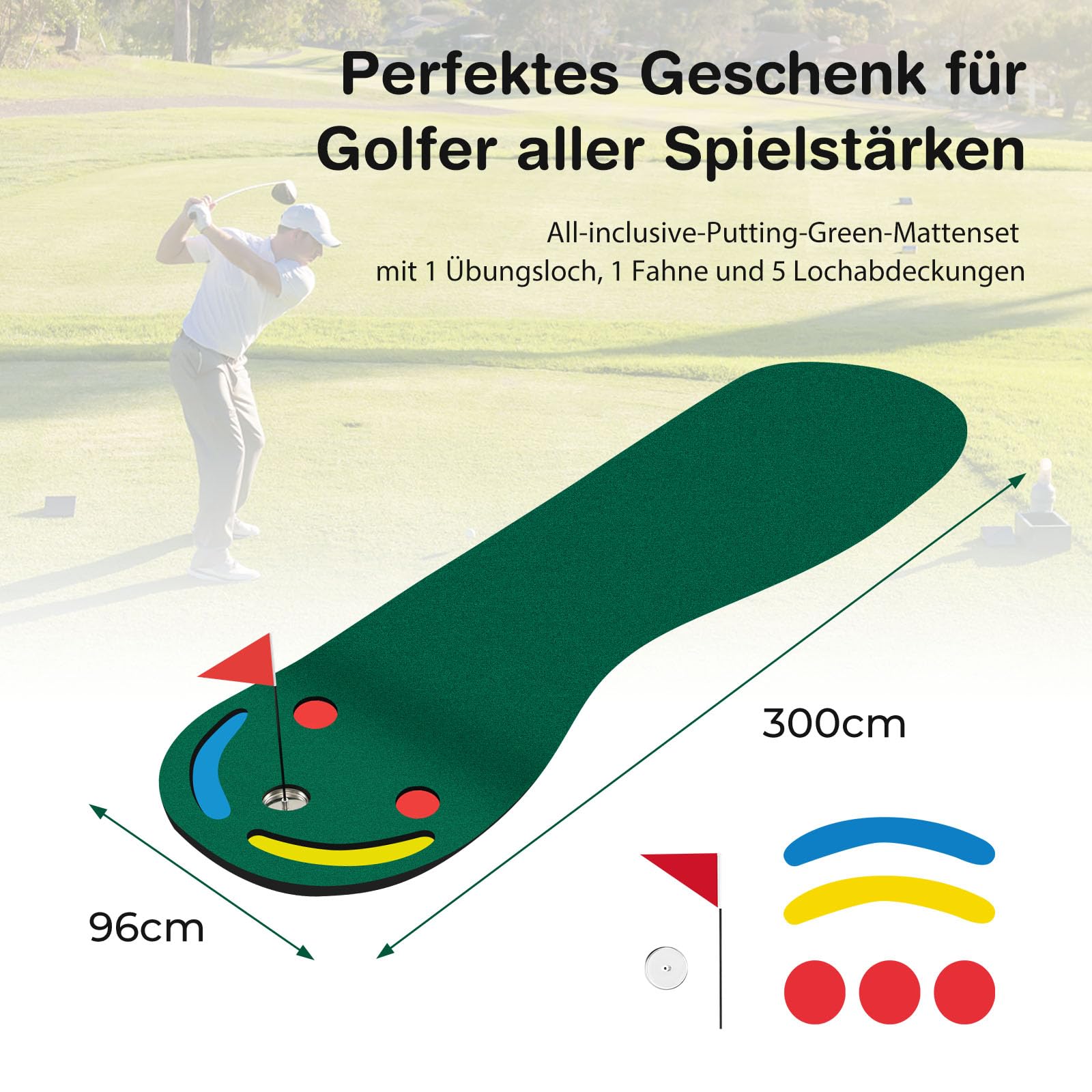 GYMAX Golf-Puttingmatte 300 x 96 cm, Golf Übungsmatte mit 3 Löchern, Trainingshilfebecher & Flagge, tragbare Golf Trainingsmatte mit Golfloch-Abdeckungen, Golfmatte für drinnen & draußen