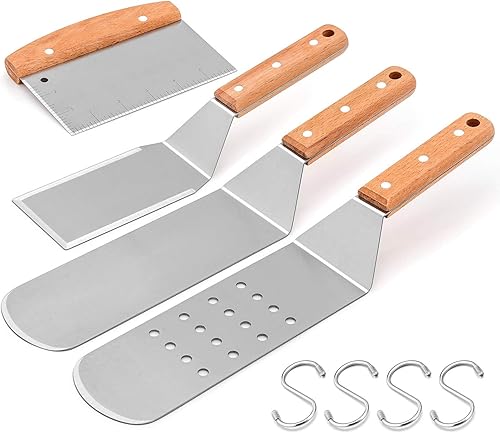 HaSteeL - Juego de 4 espátulas de metal de acero inoxidable con mango remachado de madera, kit de accesorios de parrilla profesional para teppanyaki