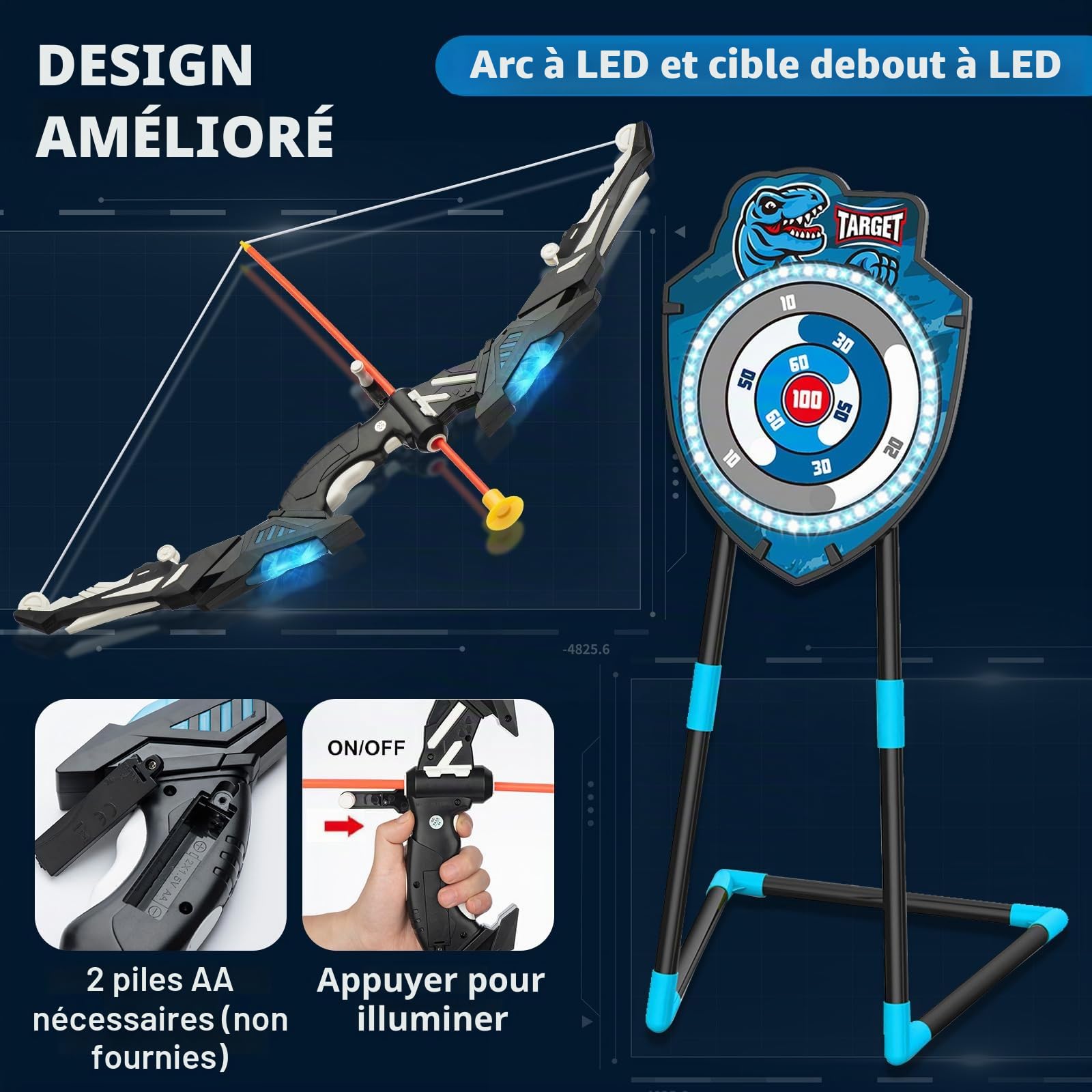 VROGTIK Kit de tir à l'arc à LED avec arc et flèches pour enfants de 4 à 12 ans, jouet de sport de plein air, garçons et filles