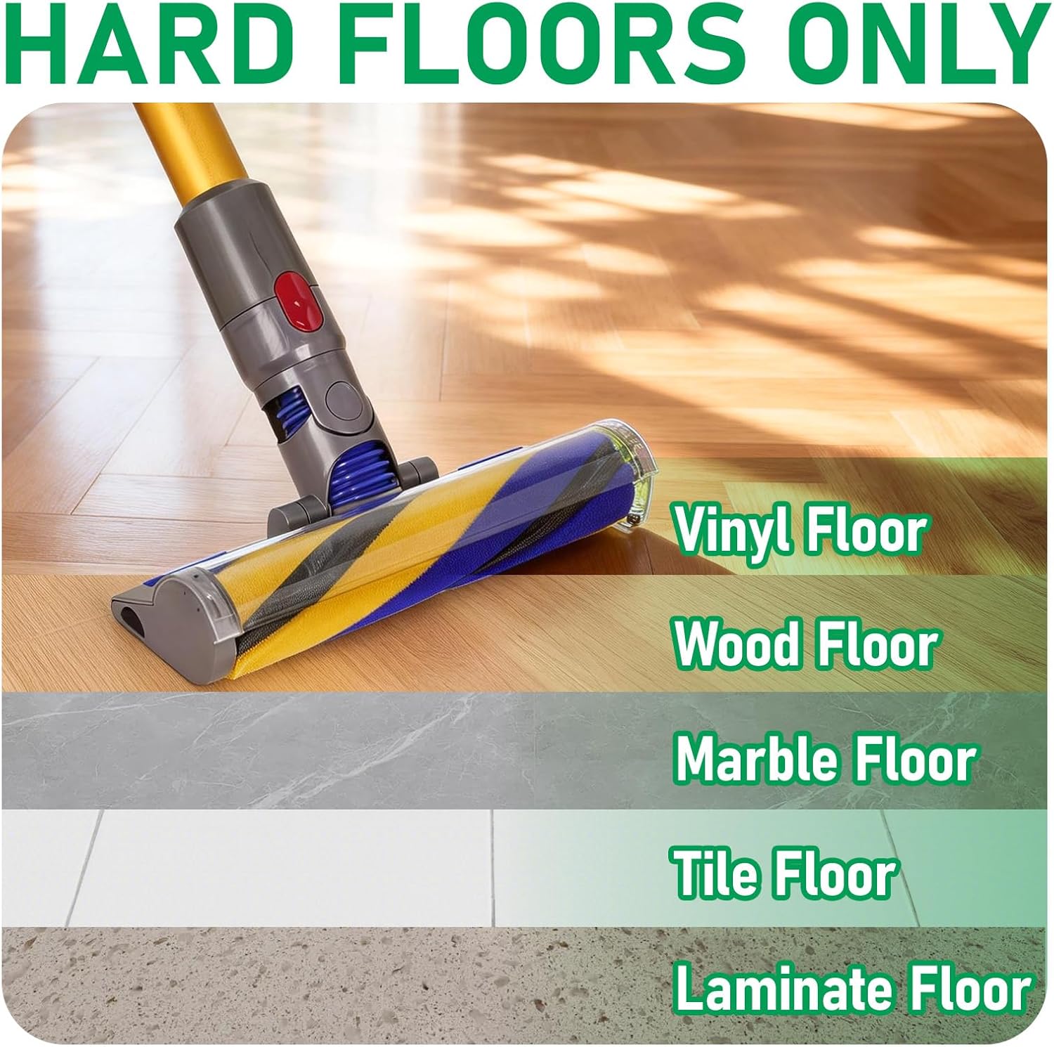 V15 Fluffy Optic Cleaner Head Replacement for Dyson V8 V10 V11 V15 Cordless Vacuum Cleaners, Soft Roller Head with LED Green Light, Suitable for Thin Carpets, Hardwood & Tile Floors