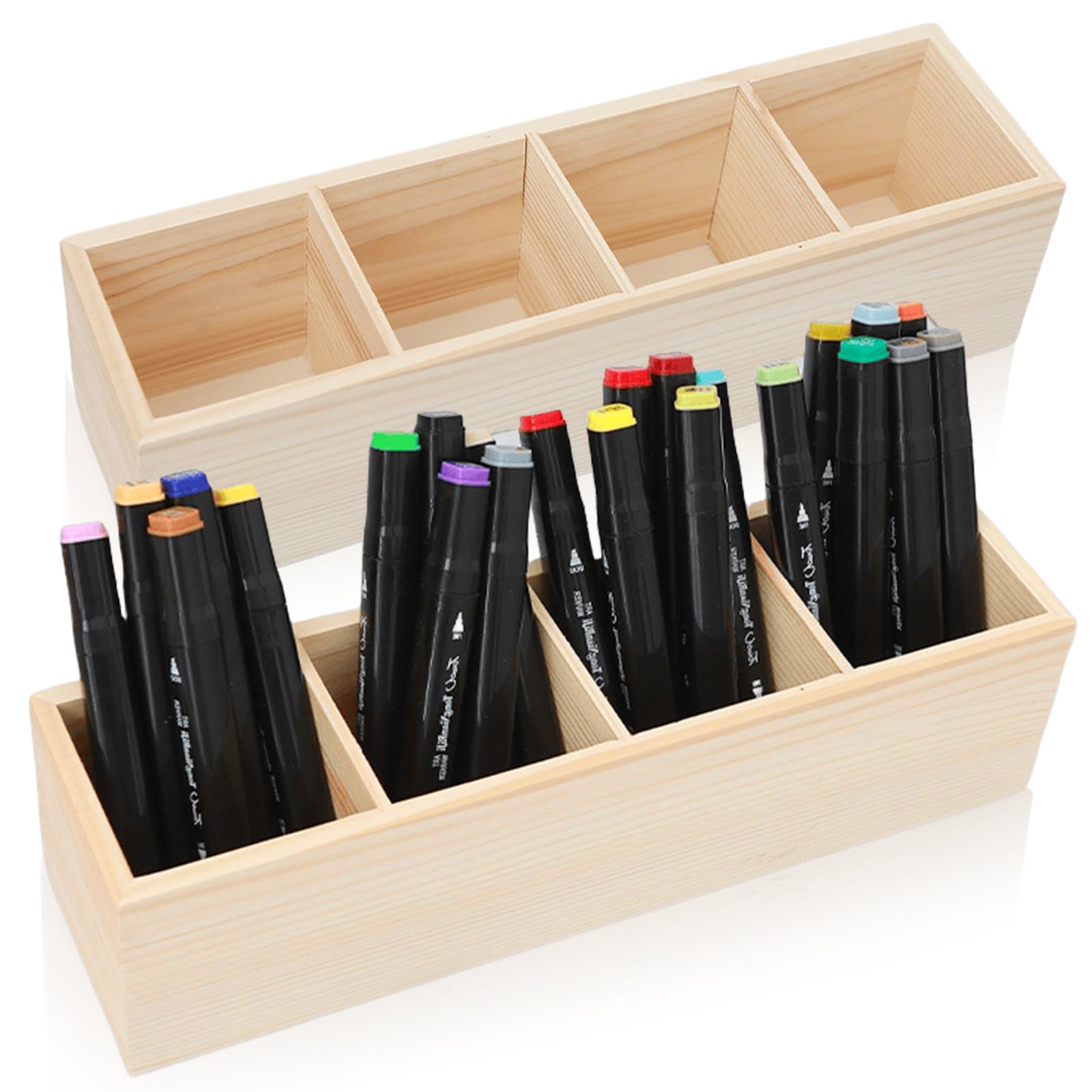 Set di 2 portapenne, quadrati, 8 scomparti, in legno naturale, per fai da te, 31 x 8,7 x 8 cm