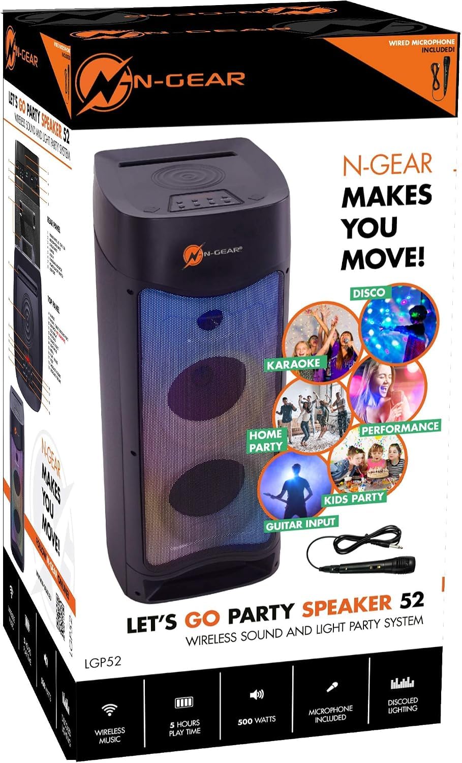 N-Gear LPG52 Let's go Party - Altavoz Bluetooth con micrófono para Karaoke, Luces LED de Discoteca, función de Banco de energía y 500 W (30 W RMS)