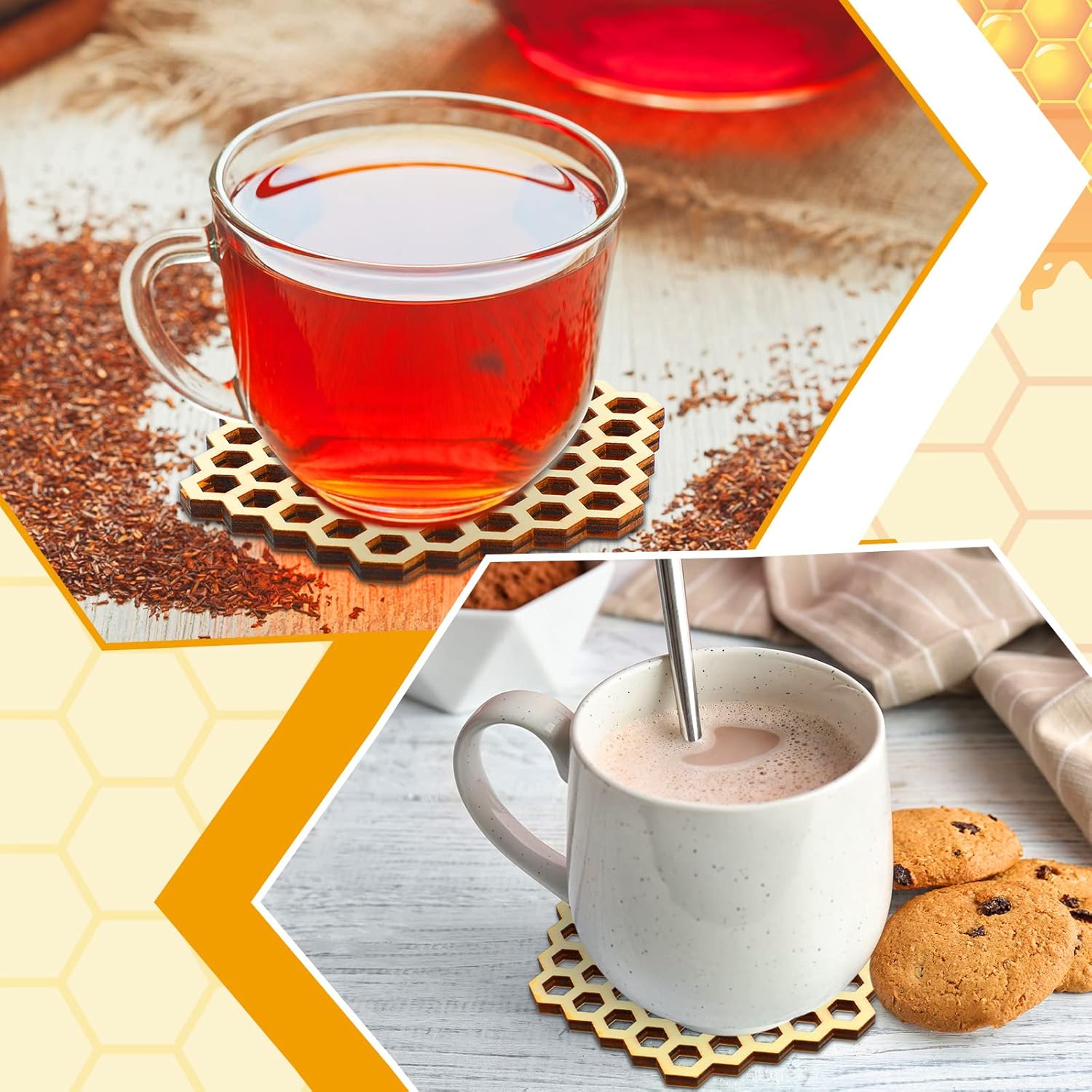 Cindeer 8 Pcs Honeycomb Wood Coaster Set Hollow Hex Honey Comb Wooden Coaster Hexagon Honeycomb Coasters Honeycomb Wooden Cup Cushion Mug Mats for Housewarming Gift Coffee DIY Bar Home Decor - Image 4