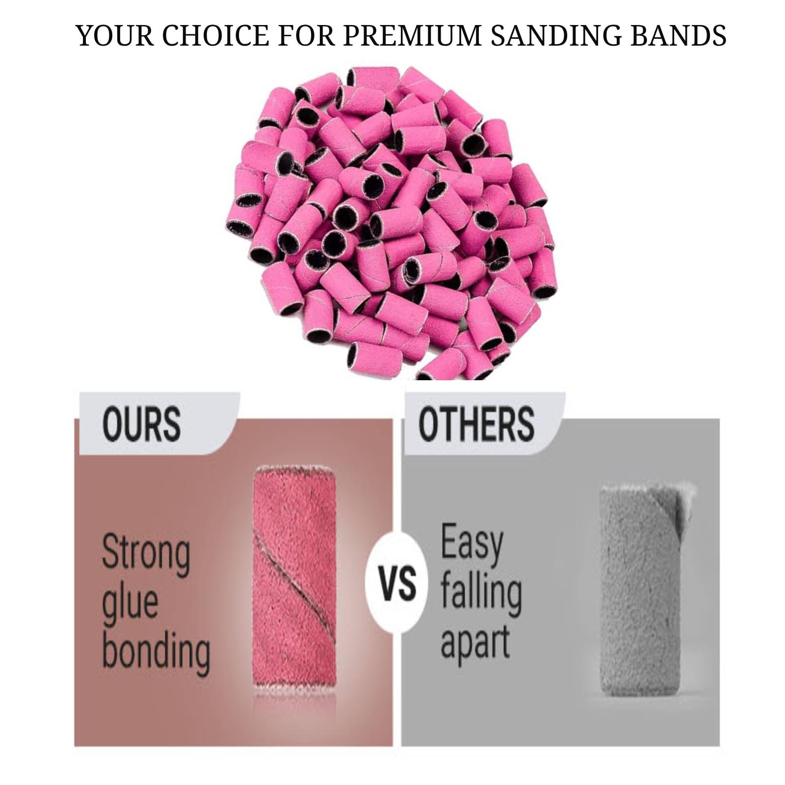 Cilindri Abrasivi Fresa Unghie 100Pz, Grana 180 Bande per Levigatura Unghie Rosa, Bande Levigatrici per Trapano Unghie con 2 Pz Frese 3/32” e Scatola per Accessori Beauty Manicure e Pedicure