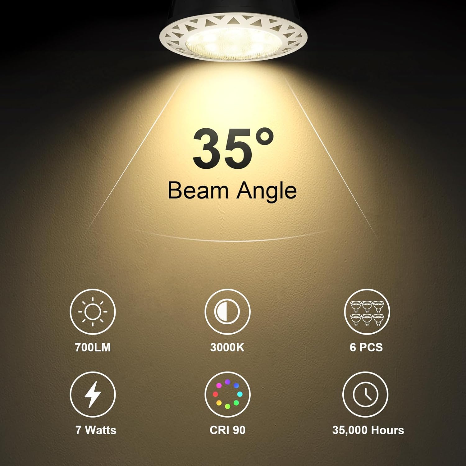 7W LED Bulbs MR16 Light Bulb, 3000K Warm White, 12V GU5.3 Base, 600LM 50W/75W Halogen Equivalent, Non-Dimmable for Indoor/Outdoor Spotlight Path Stair Driveway Recessed Lighting, 6-Pack