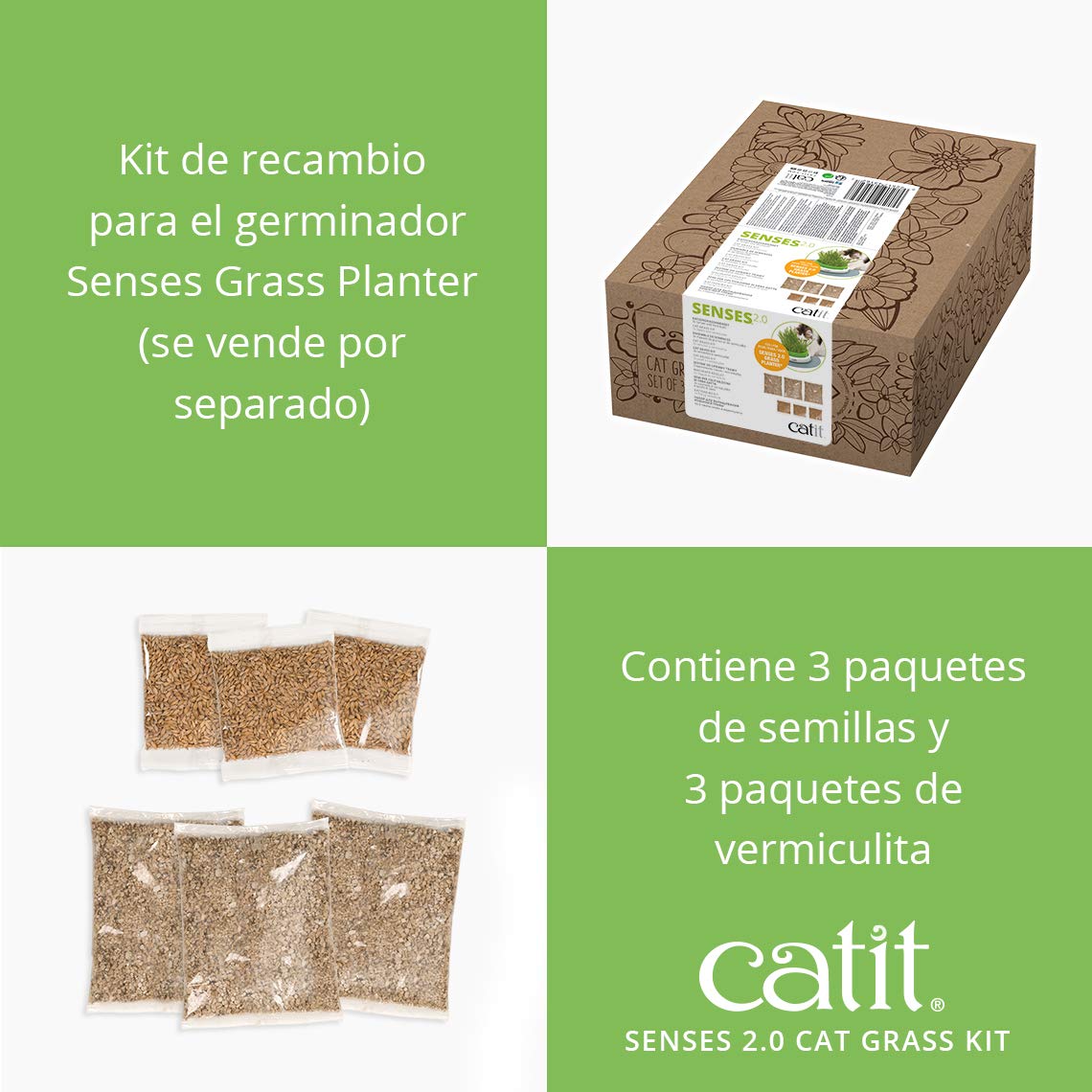 Cat Grass kit - 3 x Semillas y Vermiculita