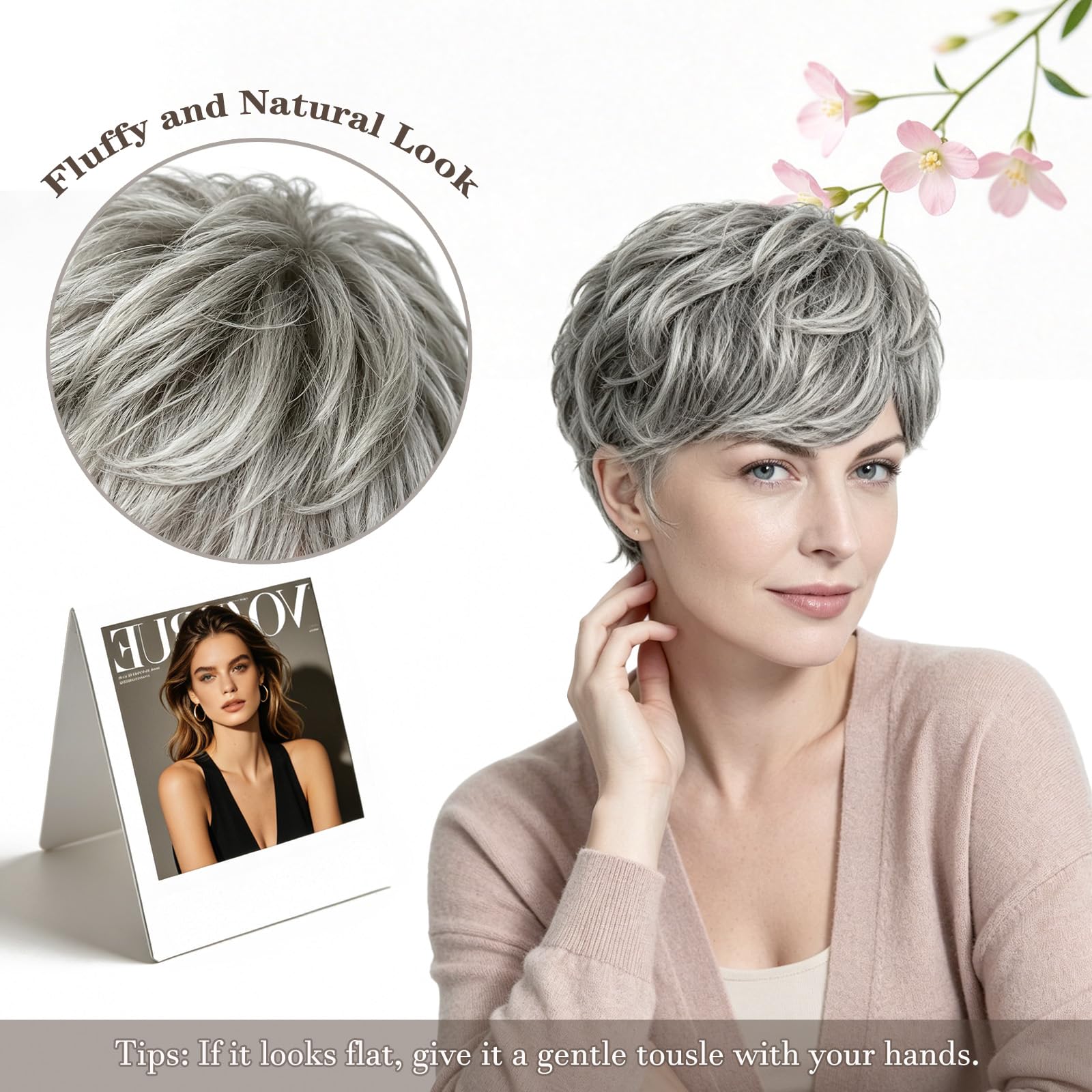 Echthaar Haartopper Damen Pixie-Cut mit Pony,15 cm Kurzhaar Clip-in Haarteil Grau-Weiß, atmungsaktive Rosennetz-Basis 13x14 cm,ideal zum Abdecken grauer Haaransätze