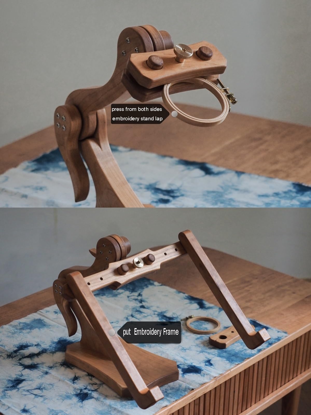 Este Soporte de Bordado Ajustable con Marco de Madera Maciza es un Soporte de Suelo para Aros de Bordado, Manualidades y Costura, Duradero y Elegante.