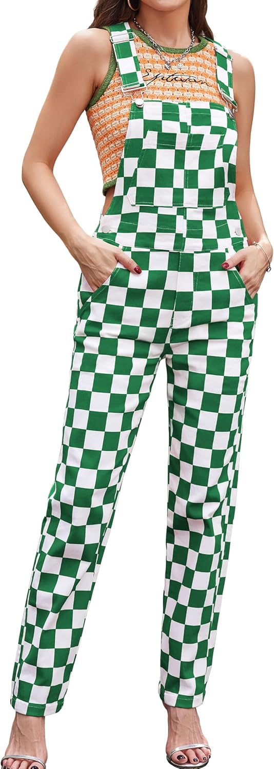 Bindefon Overalls for Women Checkered Pants Fashion Jumpsuits Stretchy Rompers Plaid Bib Coveralls