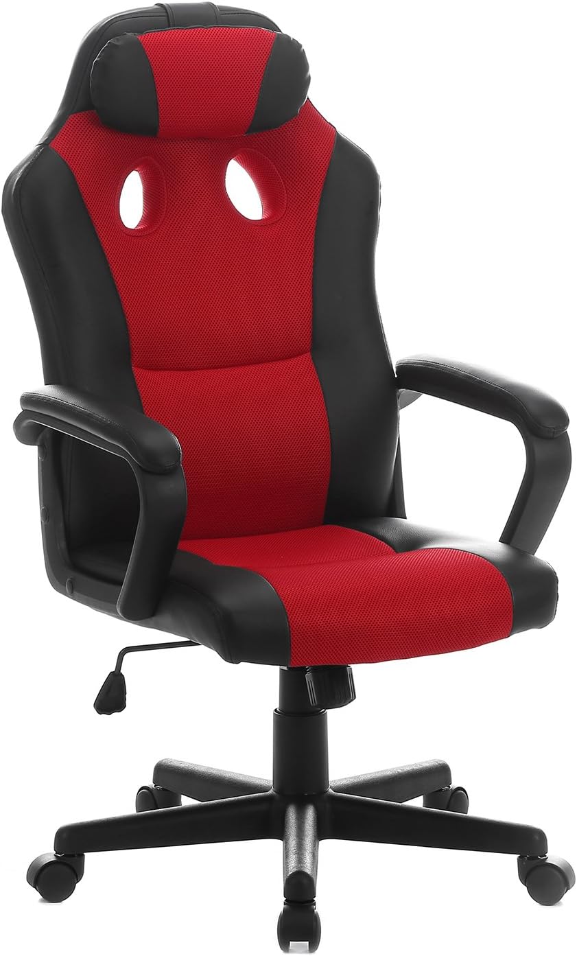 SEATZONE Smile Face Series Leather Gaming Chair, Racing Style Large Bucket Seat Computer Desk Chair, Executive Office Swivel Chair with Headrest, Red
