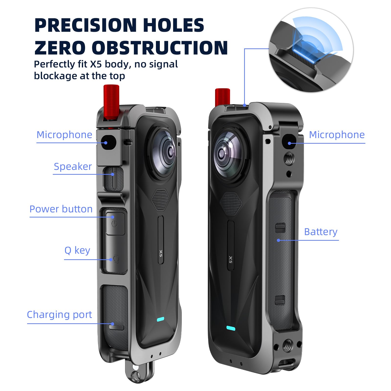 Gabbia metallica in alluminio per Insta360 X5, manopola a sgancio rapido, custodia protettiva con doppi supporti per slitta fredda e filettatura da 1/4" e copriobiettivo in silicone per