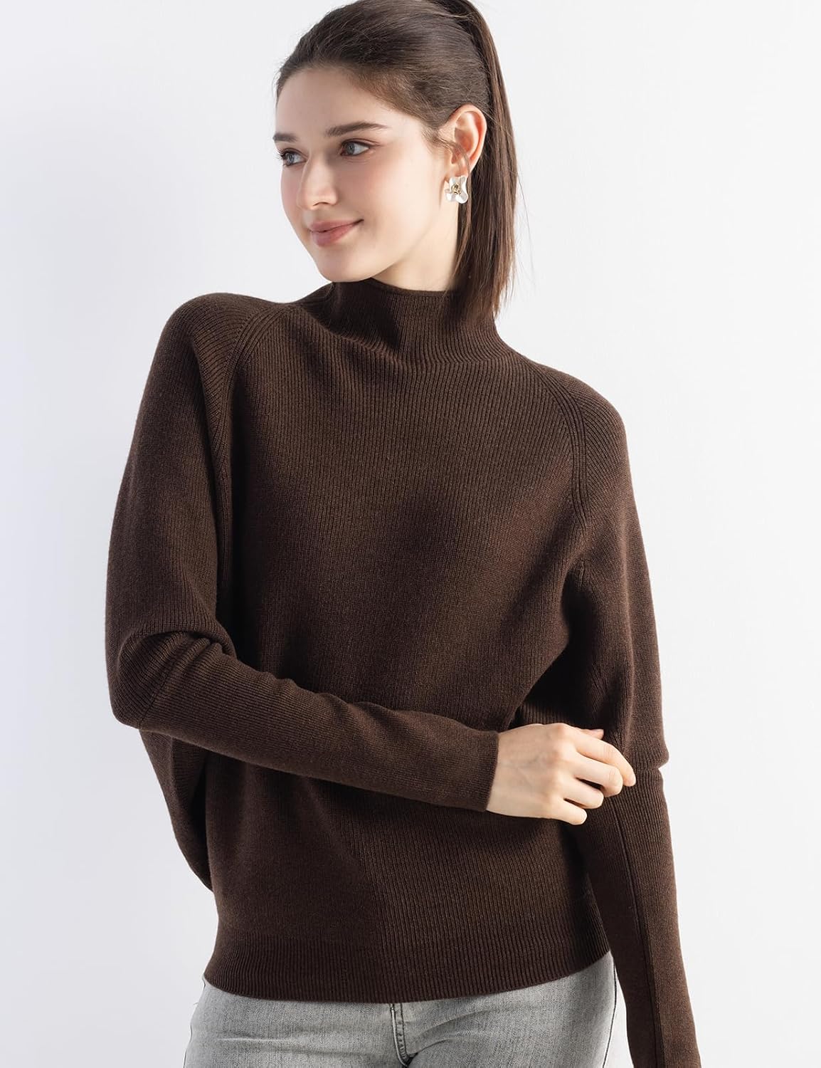 Women's Merino Wool Blend Oversized Sweater 2025 Fall Winter Fashion Mock Neck Batwing Sleeve Knitted Pullover - Image 5