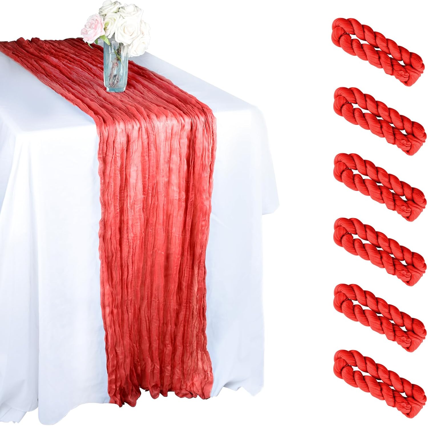 MIAHART Cheesecloth Table Runner,35"x120"Cheesecloth Gauze Table Runner Boho Cheese Cloths Table Runners for Wedding, Party, Birthday Décor (6, Red)