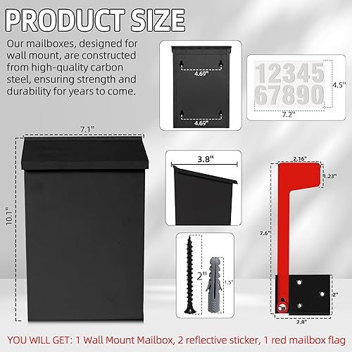 Miniatura 2 de TonGass Buzón de montaje en pared, buzones para montaje en pared exterior, diseño elegante y construcción duradera en acabado negro  Buzón ideal