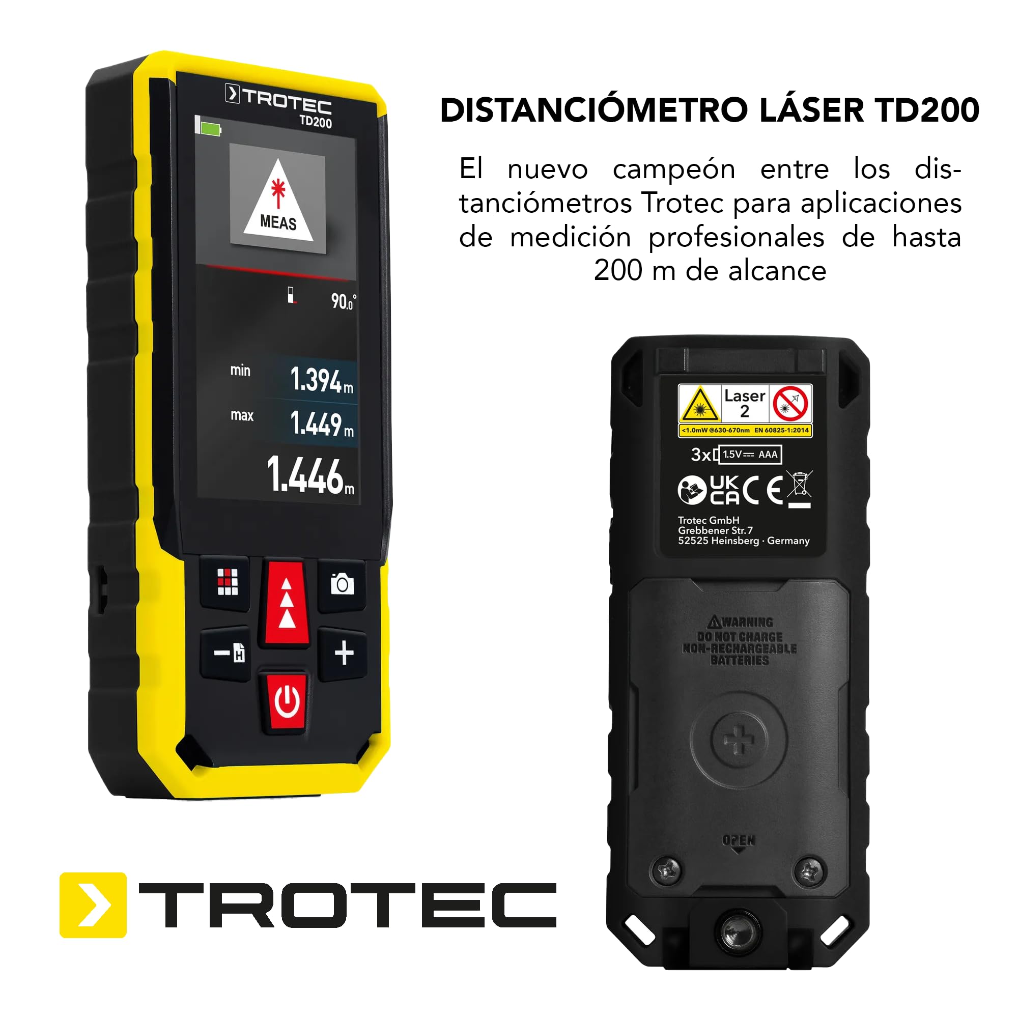 TROTEC Medidor láser de Distancia TD200 | para Aplicaciones de medición Profesionales de hasta 200 m de Alcance