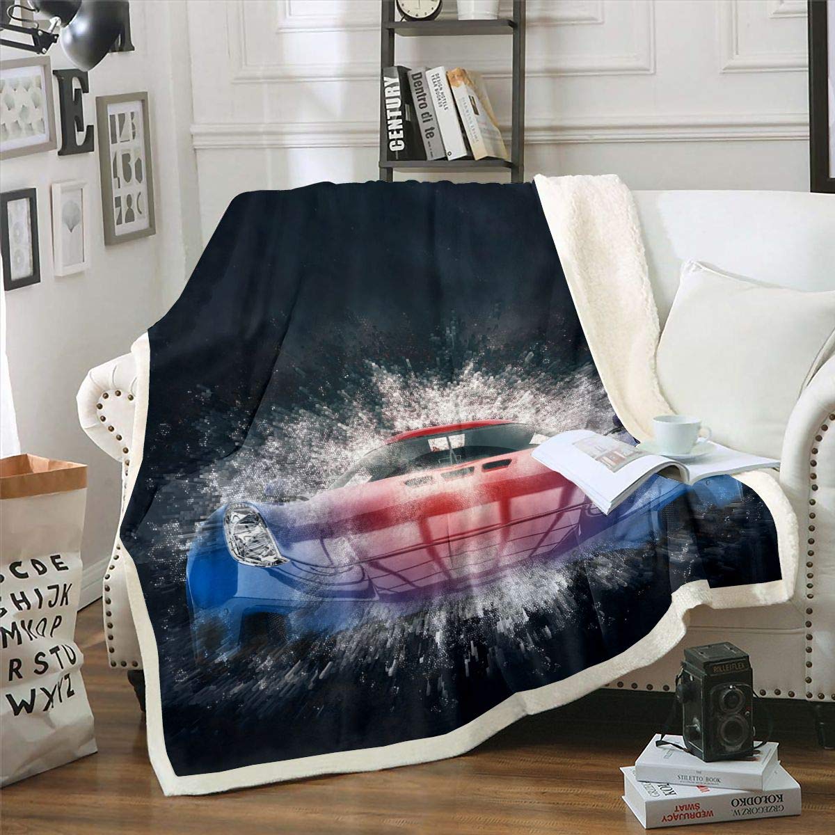 Coperta Sportiva Beroom Per Bambini E Ragazzi, Auto Da Corsa, In Pile Blu, 130x150 Cm, Morbida E Calda - 2