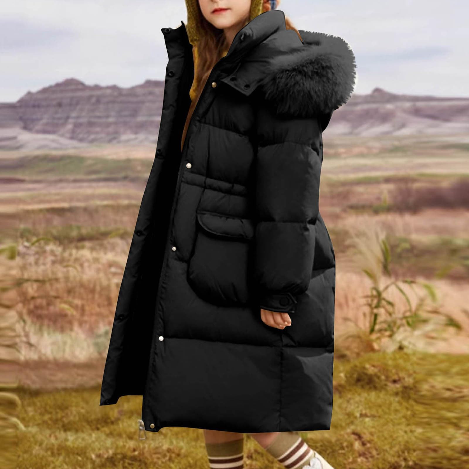 Abrigo de Invierno para Niñas y Niños,Pesado Resistente Al Viento Chaqueta Acolchado Cálido con Capucha Grueso Térmica Parka Manga Larga Larga con Cremallera y Bolsillos Color Sólido Cortavientos