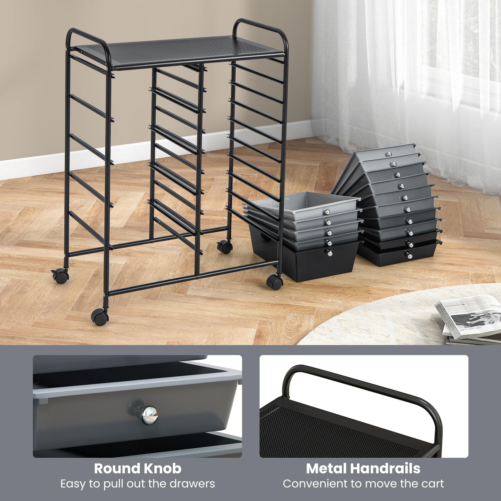 GIANTEX Carrelli Porta Oggetti, con 10+5 Cassetti Impilabili, 2 Ruote Bloccabili, Braccioli Metallici, Portabile e Pratico, per Ufficio, Studio, Cucina,Bagno, 5 Colori Disponibili, 62,5x37x87 cm