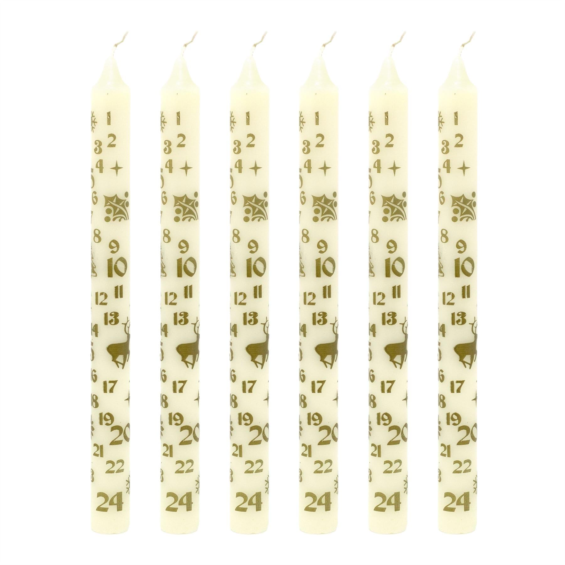 Pack of 6 Cream Dinner Christmas Advent Candles | Gold Day-Marked Festive Candles for Christmas Countdown - 25cm
