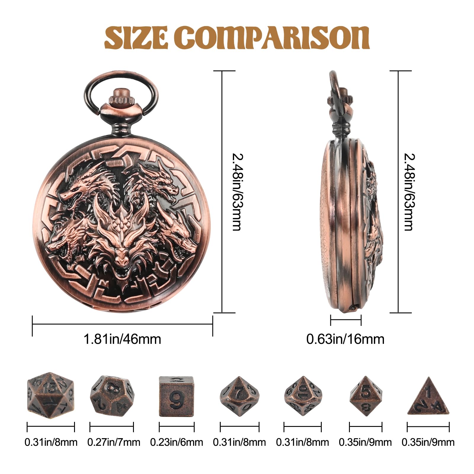 D&D Set di dadi in metallo, 7 pezzi, per segrete e draghi, mini dadi con custodia per orologio da tasca, accessori per giochi da tavolo (drago, rame)