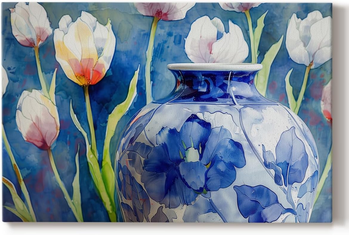 Renditions Gallery Wall Art For Home Decor Floral Copeland Vase White Flowers Canvas Wall Decorations for Kitchen Bedroom Lounge - 24"x36" LT570