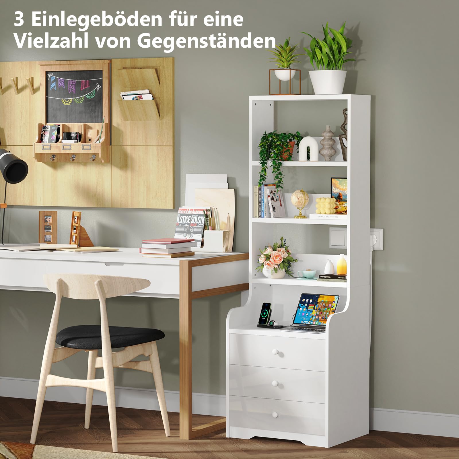 Nachttisch mit Steckdosen Nachttisch Weiße Schminktisch mit Aufbewahrungsschränken Make up Organizer Kommode Beistelltisch mit Fächern