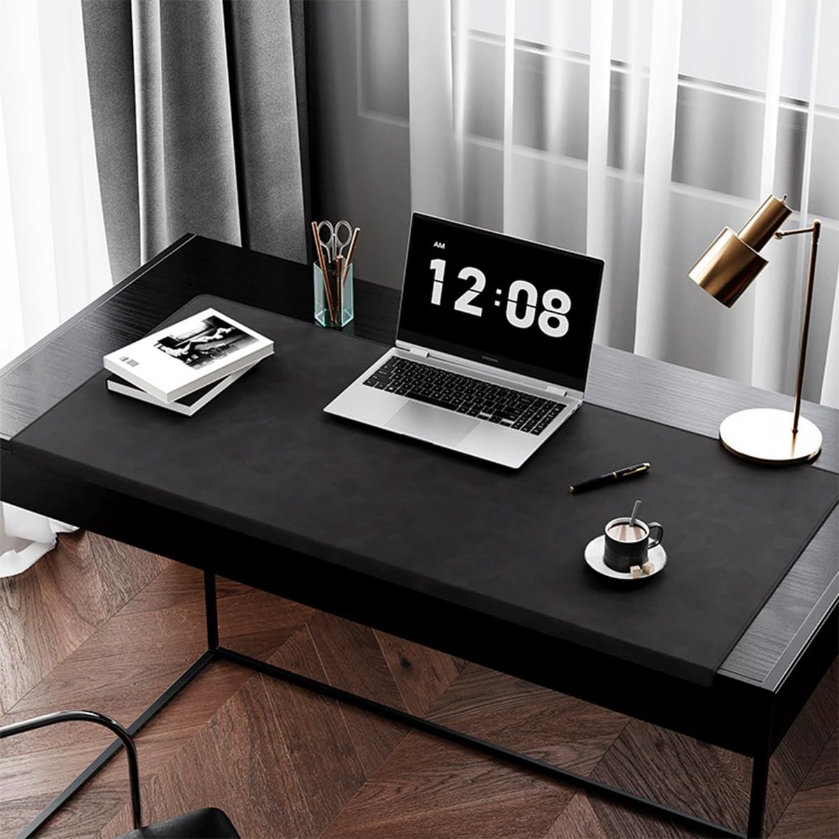 Leather Edge-Locked Desk Pad with Edge Protector, Office Extended Keyboard Mouse Mat for Work Typing, Waterproof Smooth Study Desk Writing Mat Table Blotter (Black,100x43cm)
