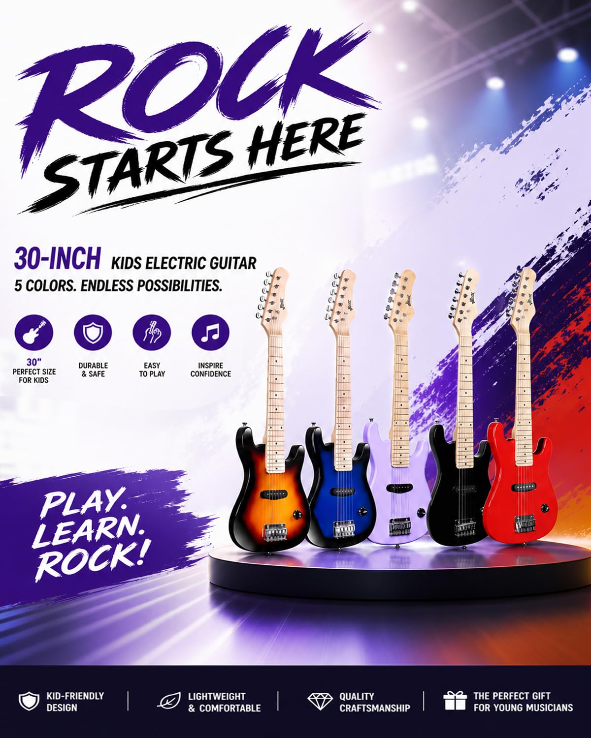 Winzz Kit per chitarra elettrica per bambini da 76,2 cm, mini chitarra elettrica per principianti con amplificatore, custodia, corde extra, plettri, cinghia, cavo e chiave, viola speciale