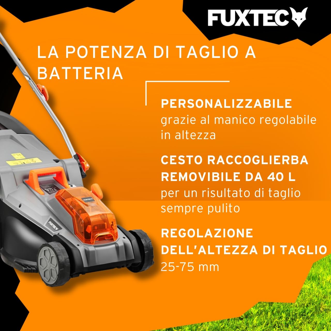 Tagliaerba Elettrico a Batteria FUXTEC E2RM37-40V (2x20V), Larghezza di Taglio 37cm, Altezza Regolabile, Senza Fili – Set con Batteria e Caricabatterie Inclusi