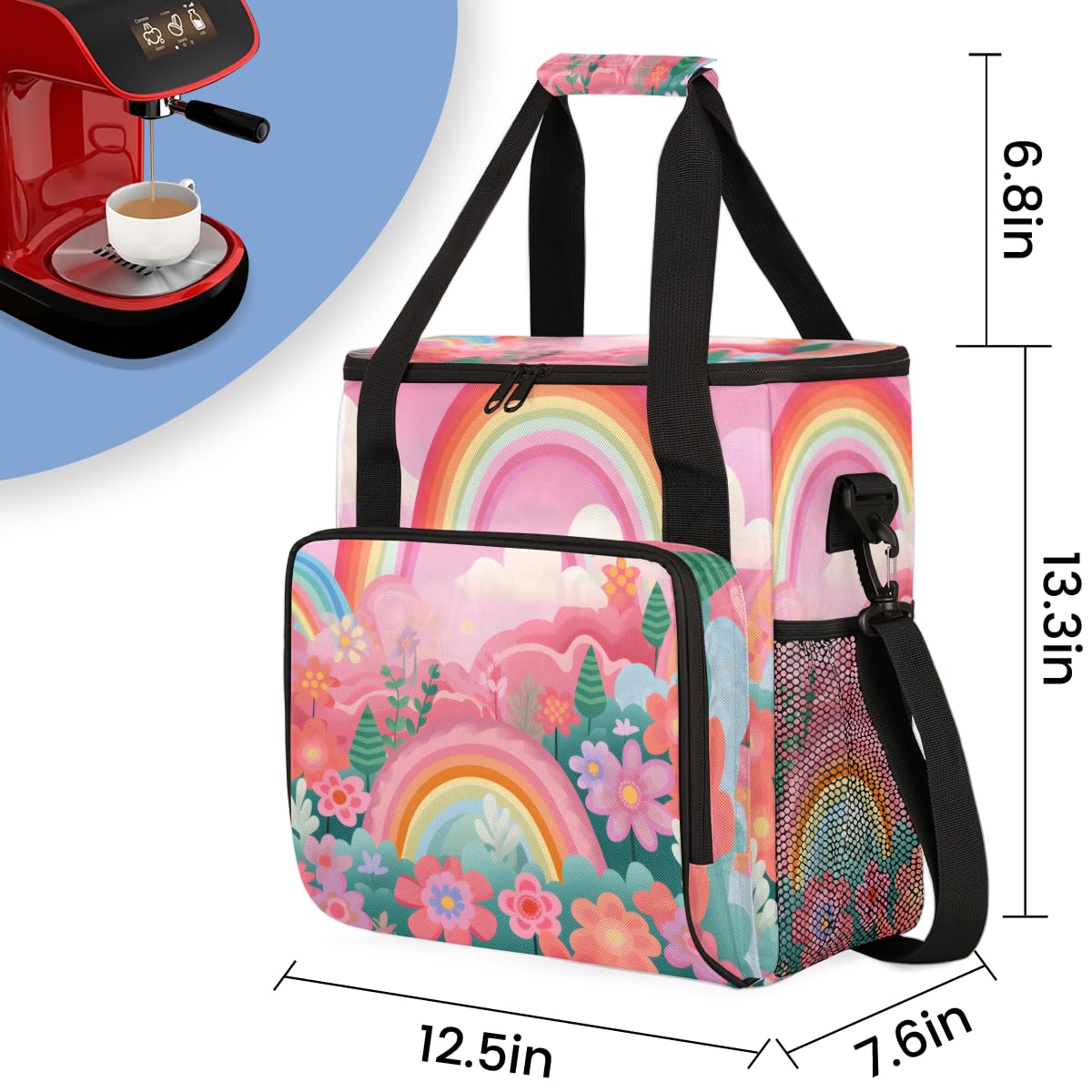 Rainbow Flower Coffee Maker Carrying Bag, Portable Travel Storage Tote Bag Compatible with K-Mini or K-Mini Plus, Single Serve Coffee Brewer Carrying Case with Multiple Pockets & Shoulder Strap