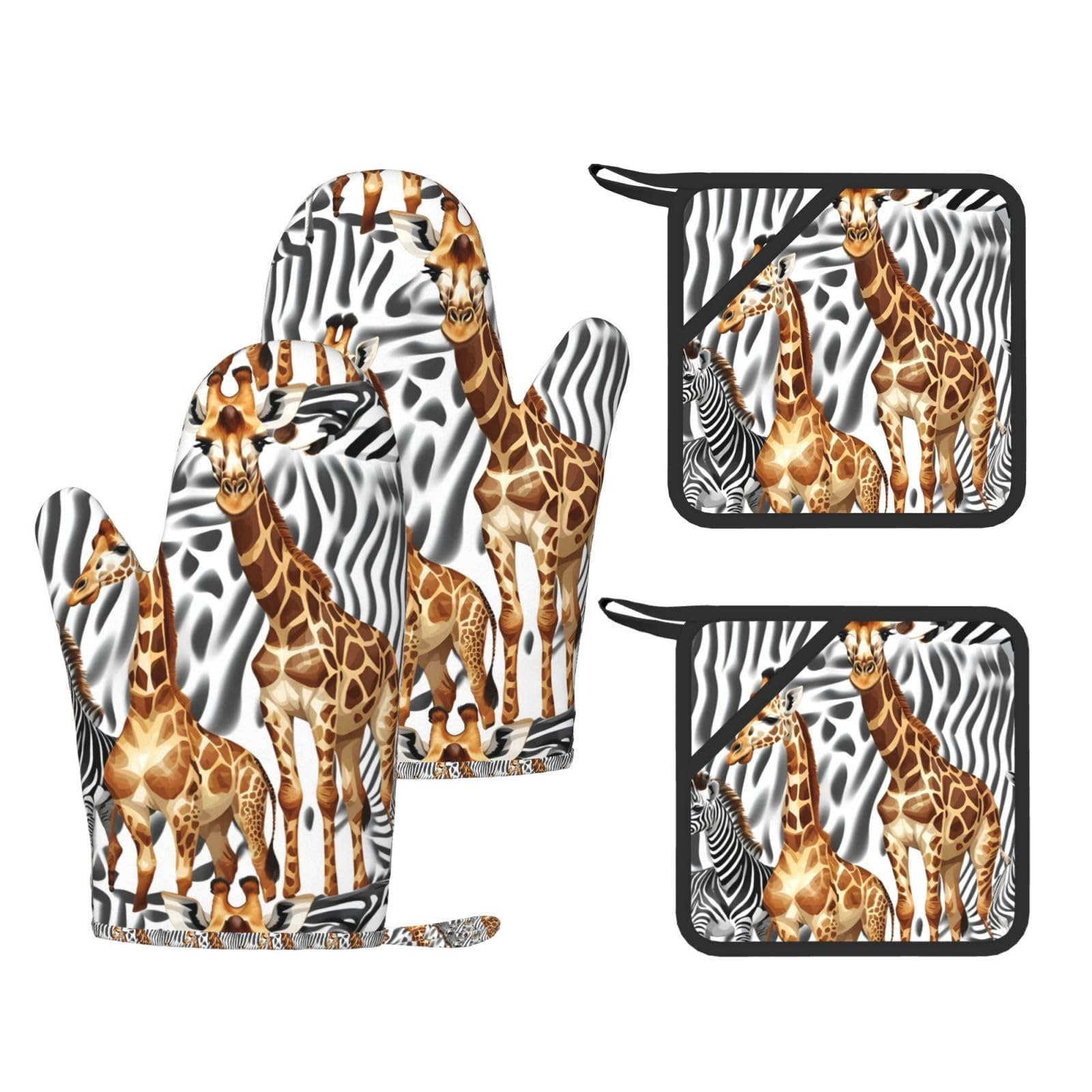 Zebra And Giraffe Print Kitchen Heat Resistant Set,Cooking Kit With Hanging Loop For Baking & Bbq