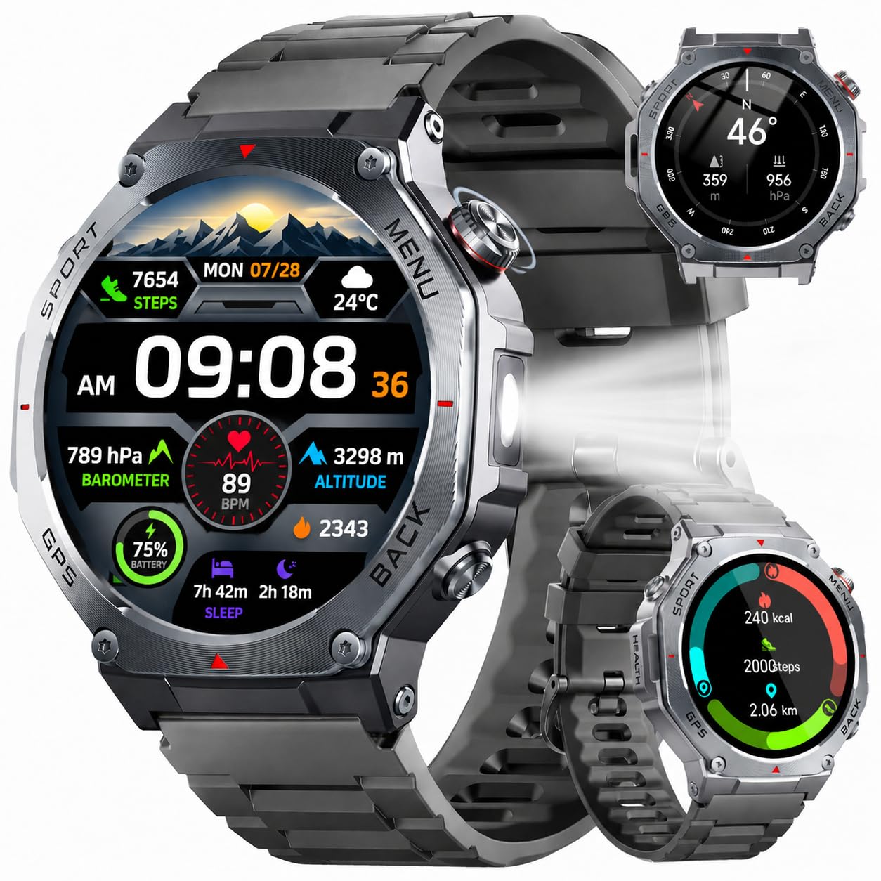 2026 Smartwatch Uomo GPS,1.43" AMOLED Militari Orologio Smartwatch,5ATM | Chiamate Bluetooth, Smart Watch con Sonno/Cardiofrequenzimetro/Torcia/Bussola, 160+ Sportive Fitness Tracker per Android iOS