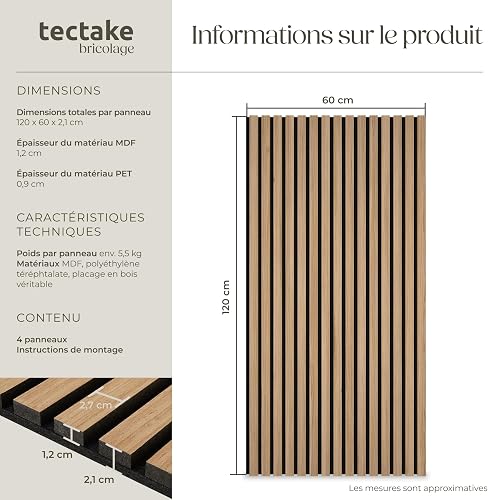 tectake® Set of 4 Acoustic Wall Panels with Real Wood Veneer & MDF, Sound-Absorbing Acoustic Panels with Felt Fabric & Wood Slats, Adjustable Size & Easy Installation, 120 x 60 x 2.1 cm - Oak - 6