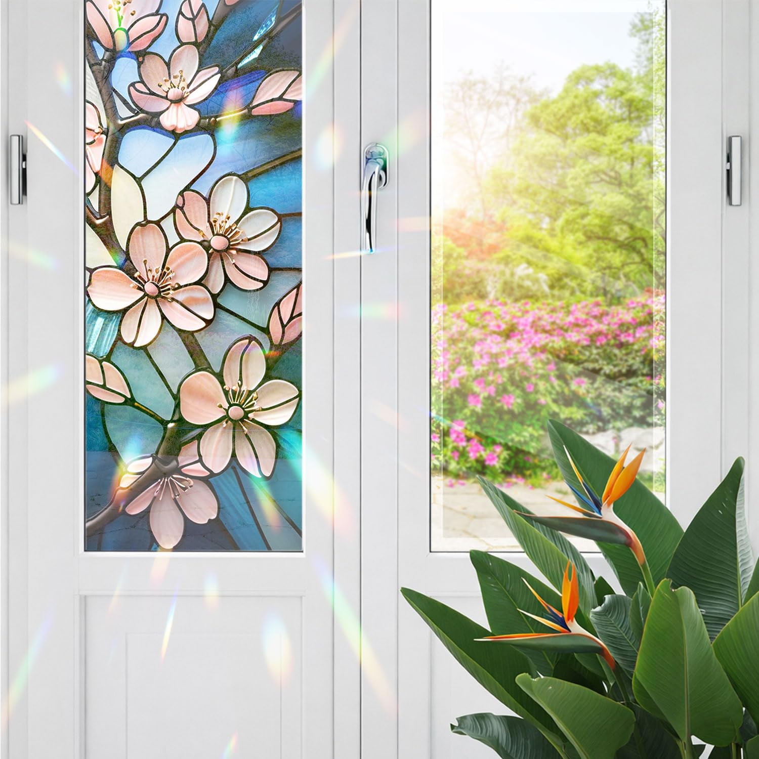 Cherry Blossom Dancing in The Wind Stained Glass Window Film, Flower Stained Glass Window Film for Bathroom Door Heat Anti UV