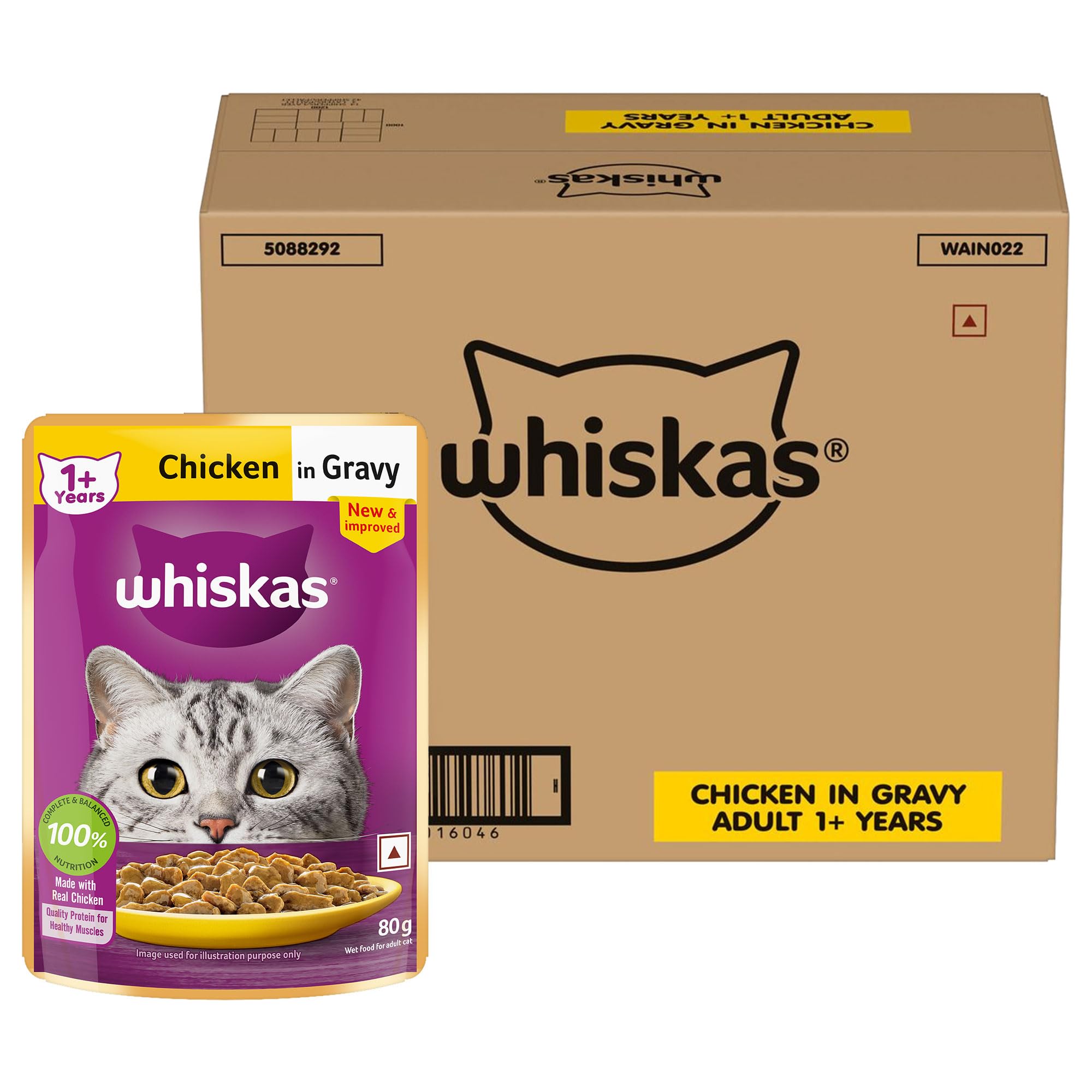Whiskas Wet Cat Food For Adult Cats (1+Years), Chicken In Gravy Flavour, 96 Pouches (96 X 85G), 1 Count