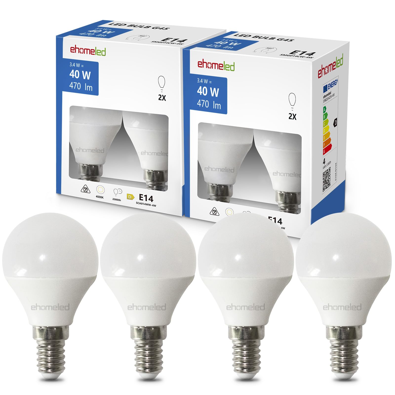 ehomeled E14 LED Mini Kugel Glühbirne Kaltweiß (6500K), 470 Lumen 3,4W (=40W), Energiesparende LED-Lampe, Perfekt für Kronleuchter, Nachttischlampen & Schreibtischlampen, 4er-Pack