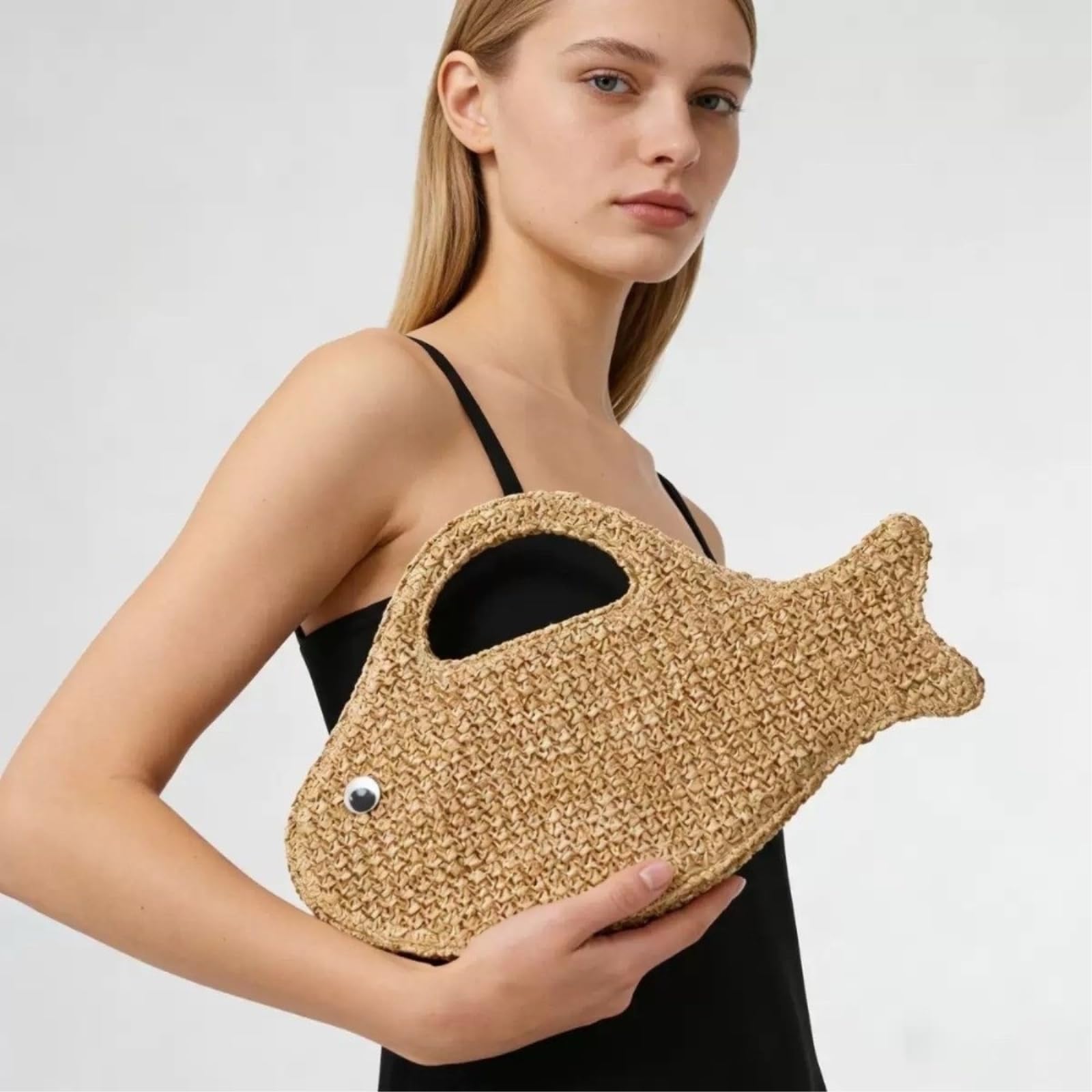 Borsa Spalla Paglia Tessuta di Grande capacità Divertente Carina A Maglia Forma Pesce Leggera Ecologica Quotidiana-Khaki