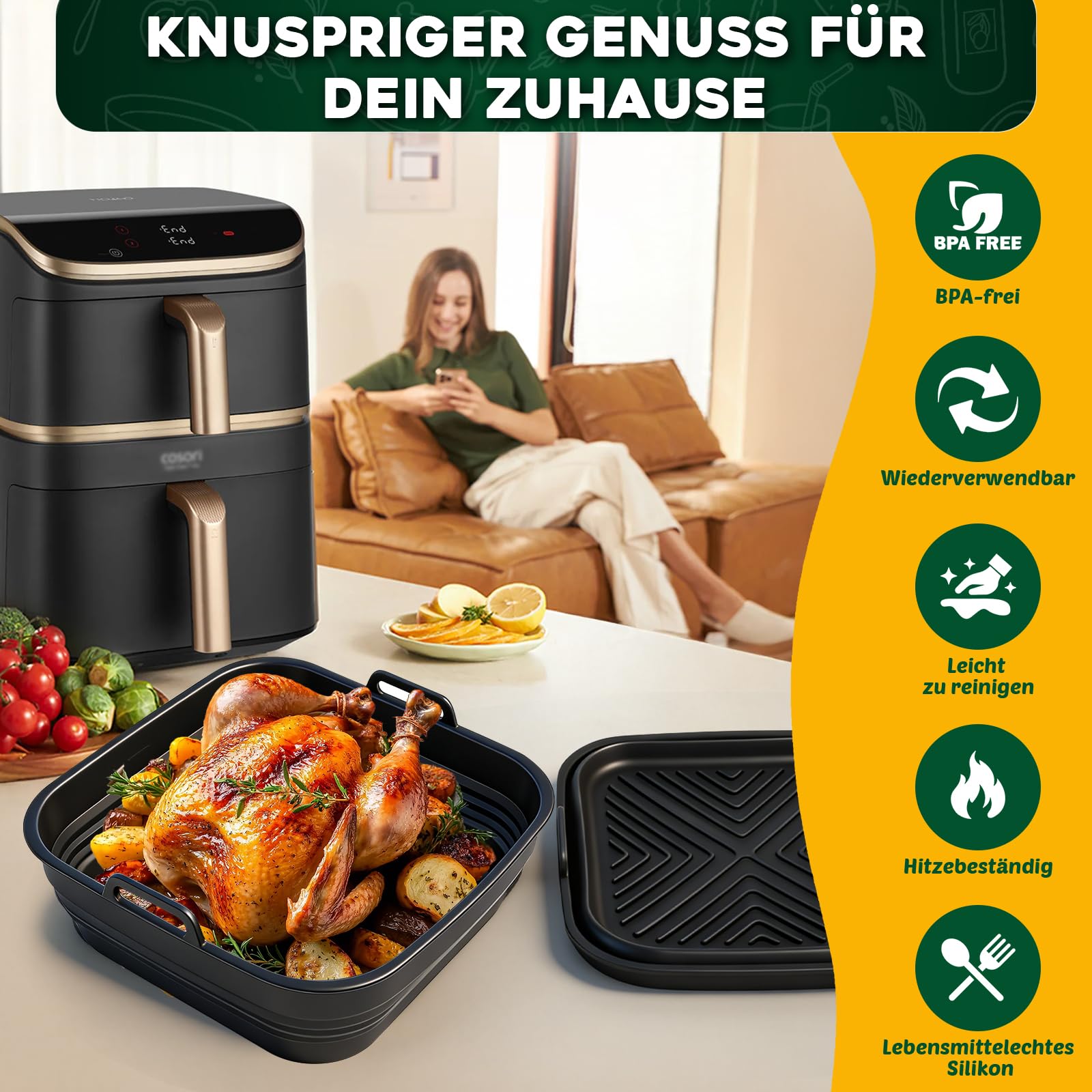 9 Teiliges Airfryer Zubehör für COSORI Turbo Tower Pro 10,8L(6,5L/4,3L) Double Stack Airfryer, COSORI Heißluftfritteuse Zubehör, BPA-frei Airfryer Silikonform Zubehör.