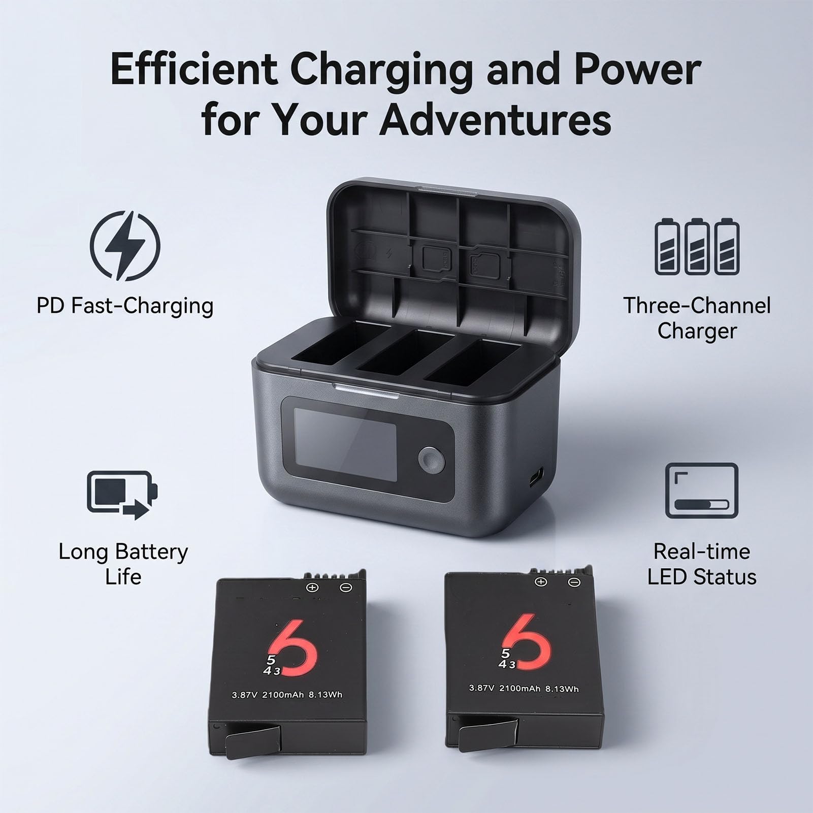 Caricabatterie rapido per action camera 6, 5, Pro, 4, 3 e 360 | Stazione di ricarica e accumulo a 2 canali, con 2 batterie da 2100 mAh, display LCD che mostra il livello della batteria.