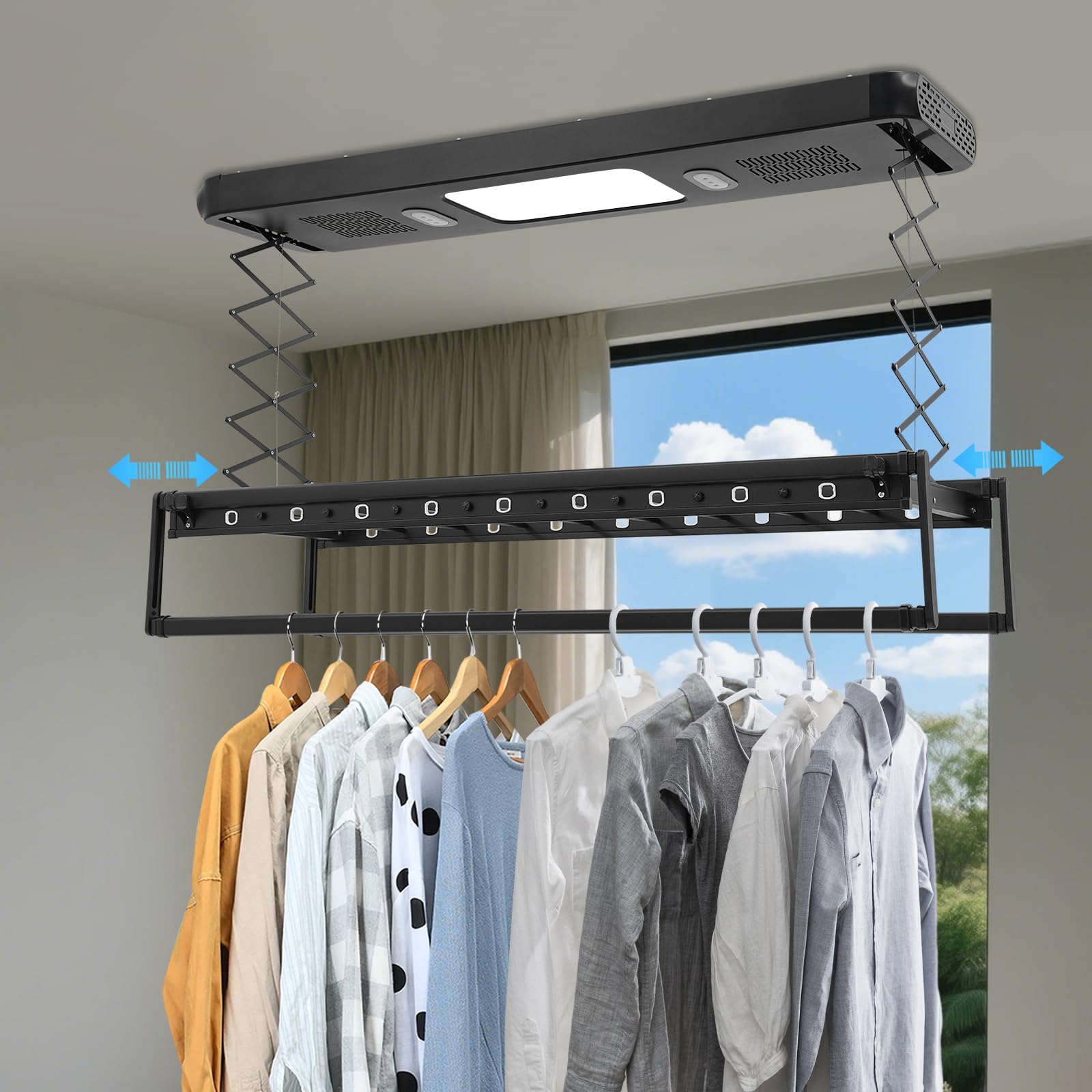 Elektrischer Wäscheständer, Decken Wäschetrockner mit Blaulichtsterilisationsfunktion und Ventilator Geräuscharm Kleiderstange mit Fernbedienung Einstellbare130-215cm für Balkone (Schwarz)